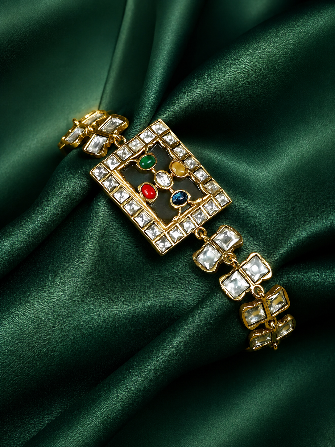 Zevar Club Gold Tone Multicolor Kundan Stone Studded Rectangular Motif Handcrafted Statement Bracelet for Women