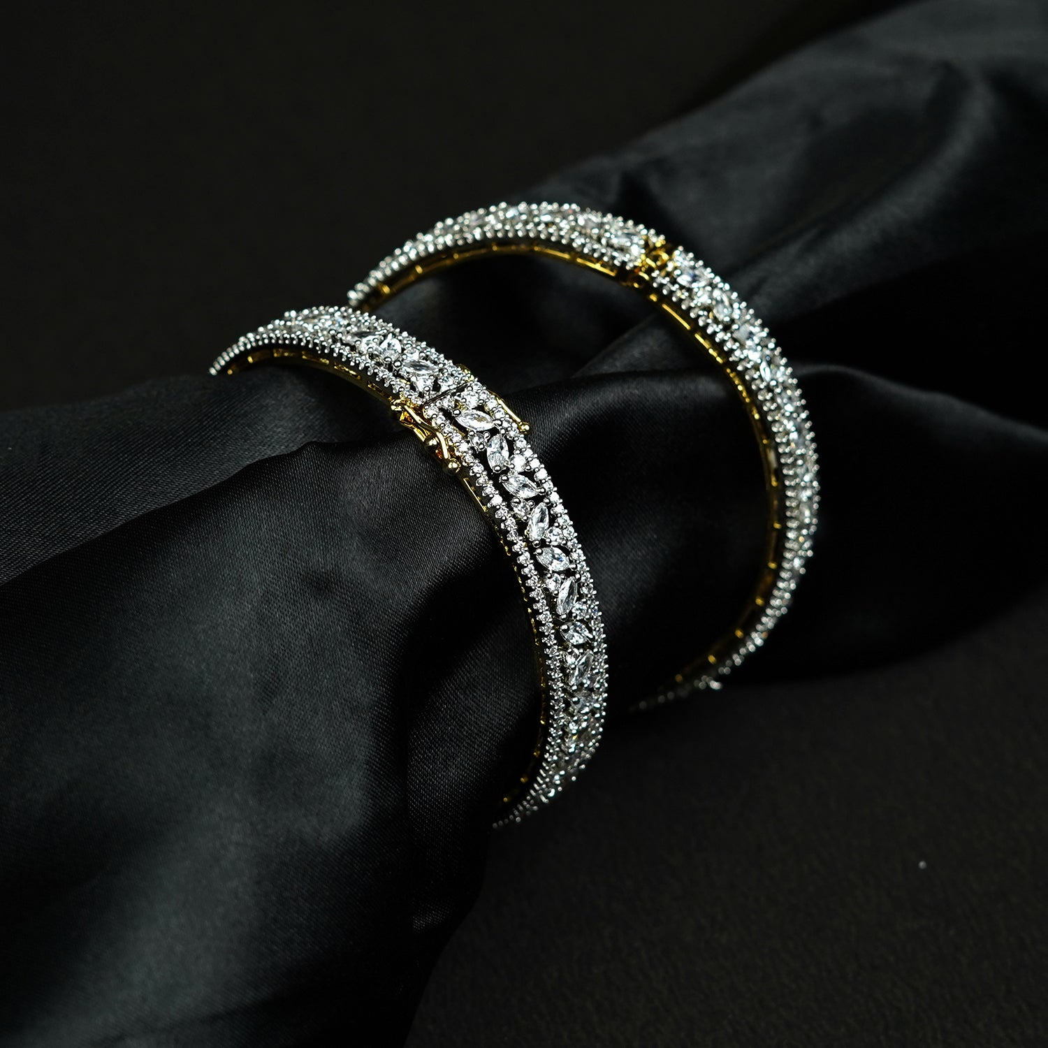 Zevar Club Set of 2 Rhodium-Plated & Gold-Lined Handcrafted AAA Cubic Zirconia Studded Premium Screw Adjustable Bangles
