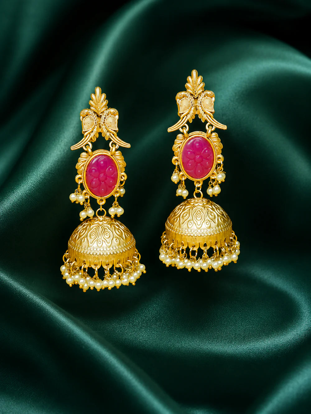 Zevar Club 22K Gold-Plated Pink Carved Stone Jhumka Earrings with Bird Motif & Pearls Drops