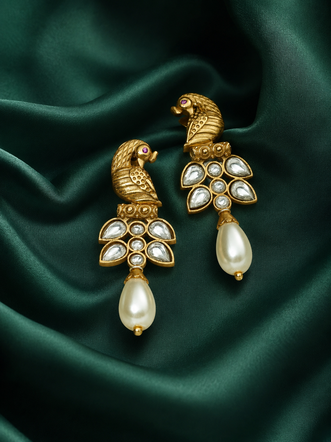 Peacock Kundan Antique Gold Drop Earrings