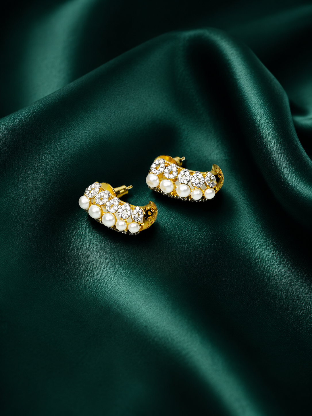 Zevar Club 22K Gold-Plated Handcrafted Cubic Zirconia & Pearl Studded Huggie Hoop Earrings