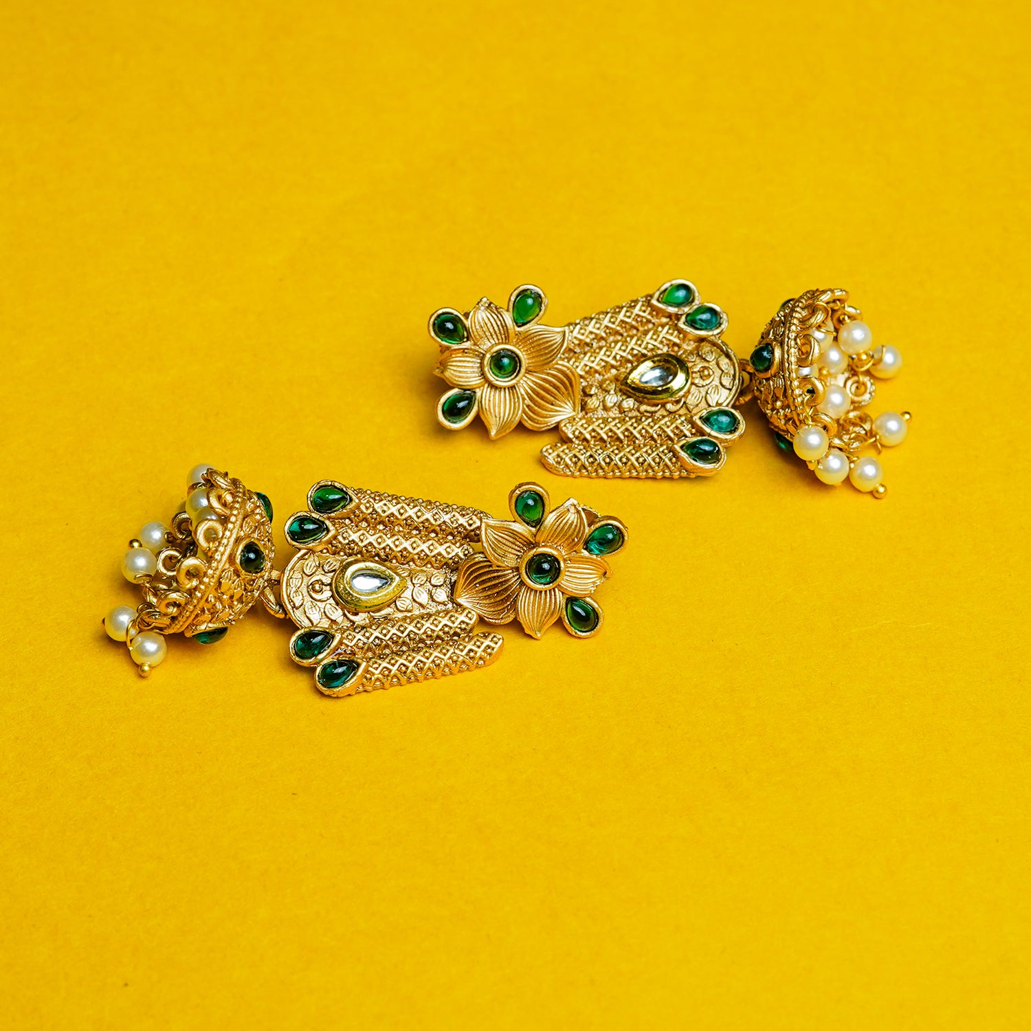 Zevar Club 18K Gold-Plated Red Kundan Stone Studded Floral Drop Earrings with Pearl Jhumka