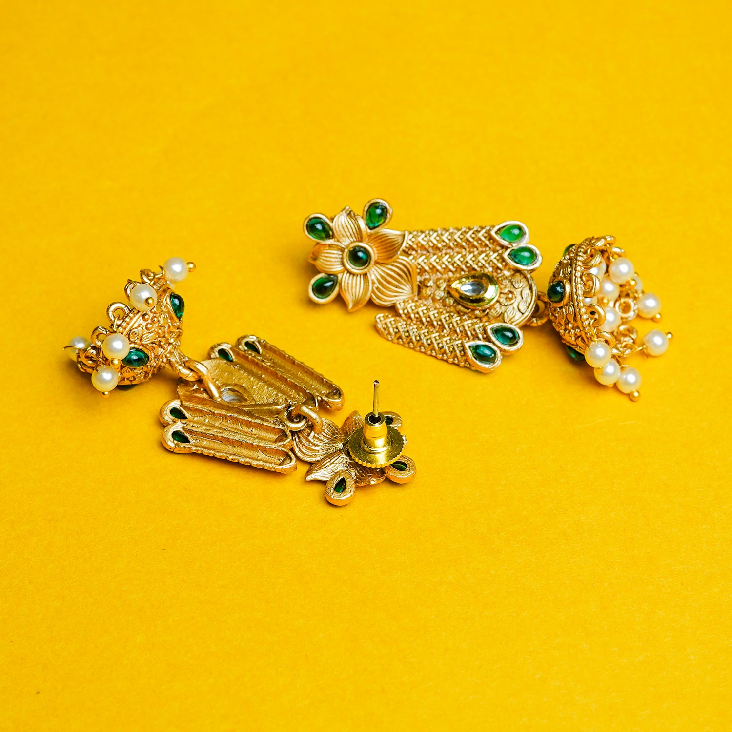 Zevar Club 18K Gold-Plated Red Kundan Stone Studded Floral Drop Earrings with Pearl Jhumka