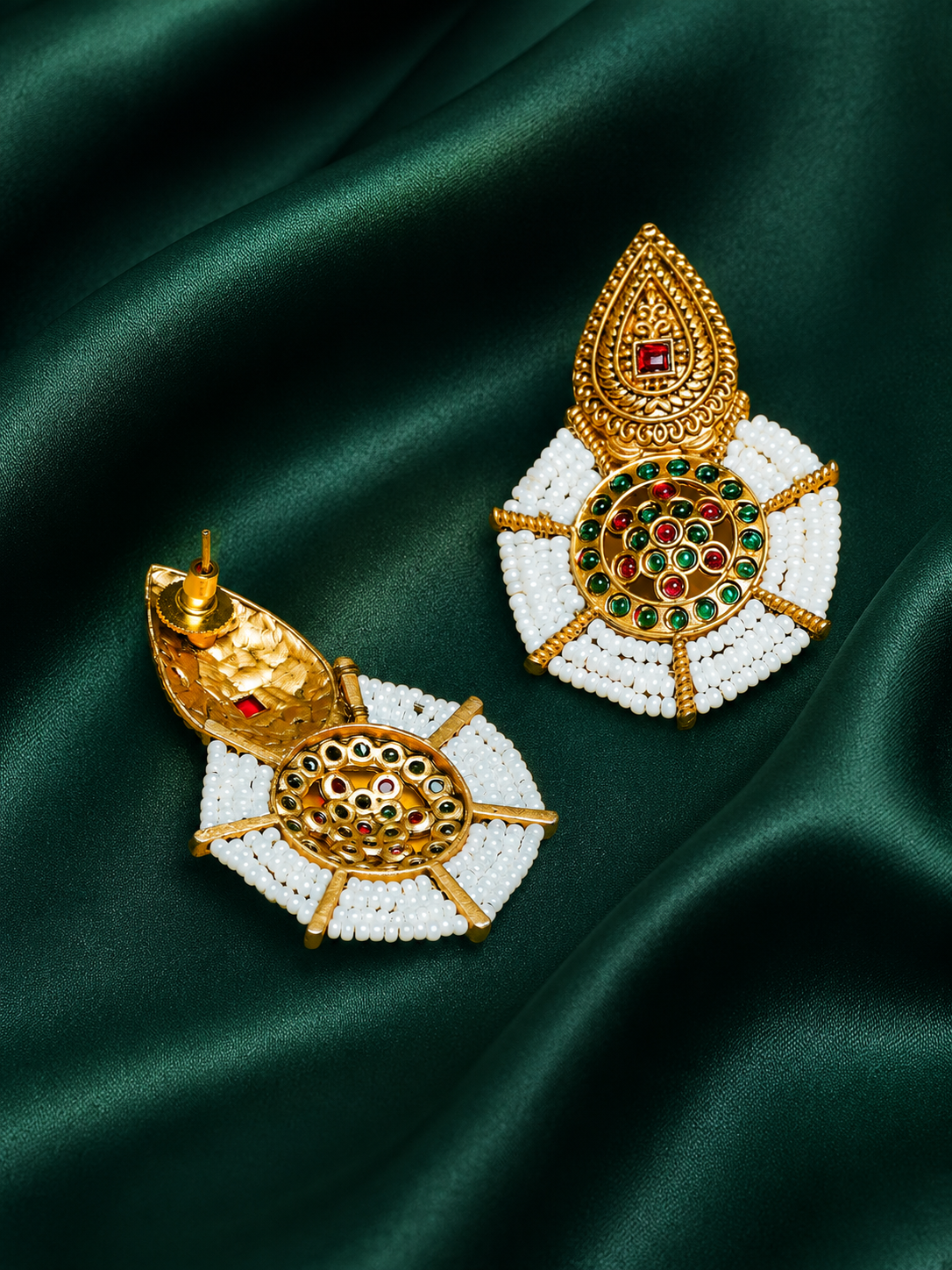 Zevar Club Gold-Toned Red & Green Stone Studded White Seed Beaded Circular Drop Earrings