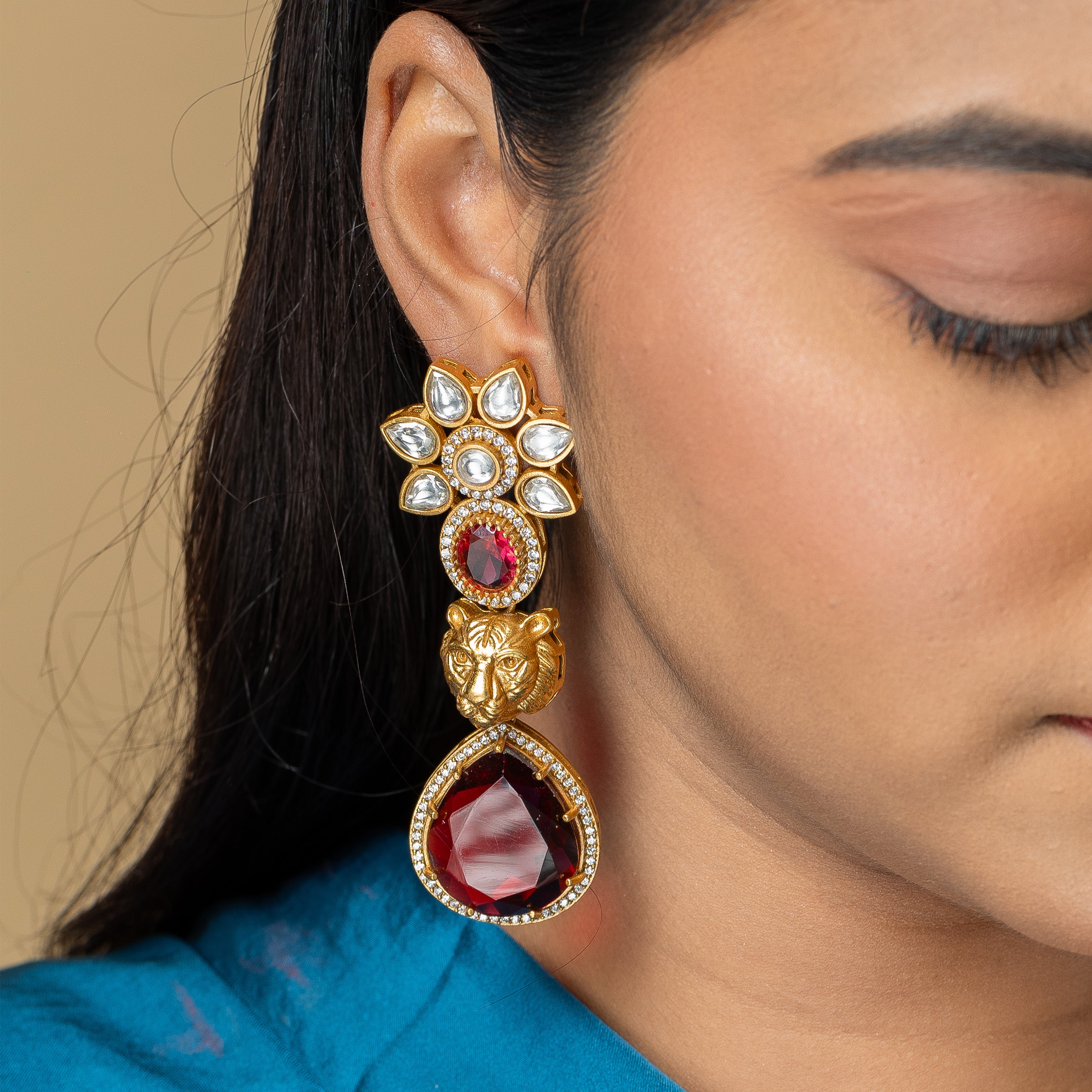 Zevar Club Kundan Stoned Sabyasachi Inspired Lion Drop Earrings