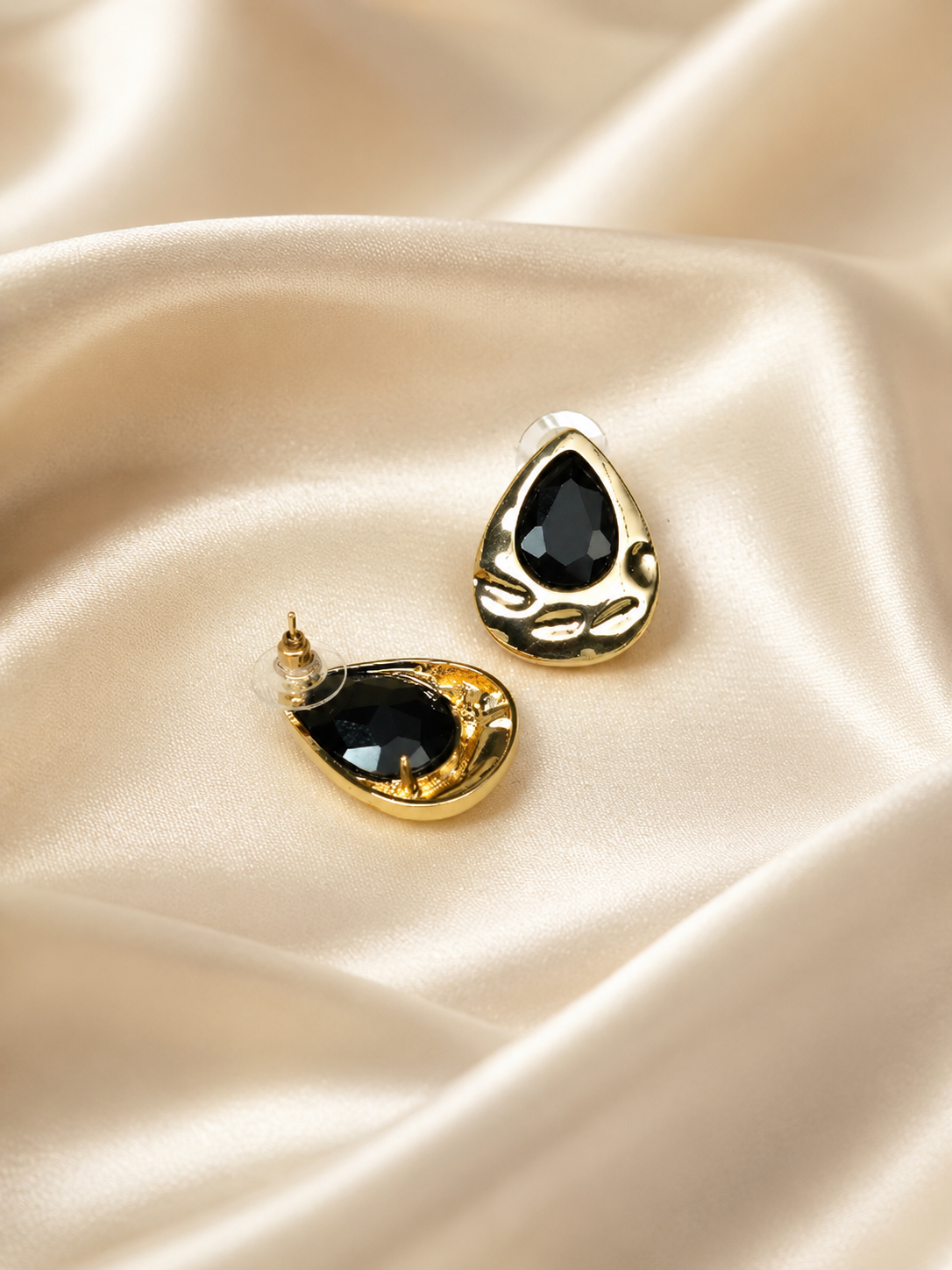 Zevar Club Matte Gold Tone Stainless Steel Tarnish Free Waterproof Tear Drop-Shaped Black Stone Stud Earrings for Women