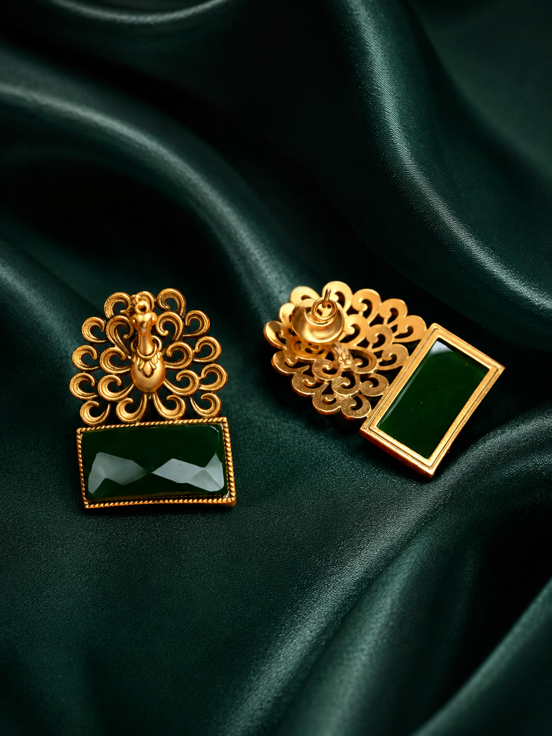 Zevar Club Brass Gold-Toned Statement Peacock Motif Earrings with Emerald Red Rectangular Stones