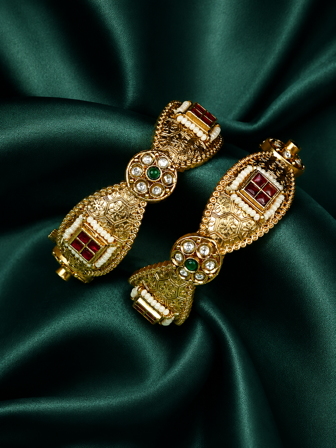 Zevar Club Set of 2 22K Gold-Plated Handcrafted Bangles with Ruby Emerald Kundan & Textured Floral Design
