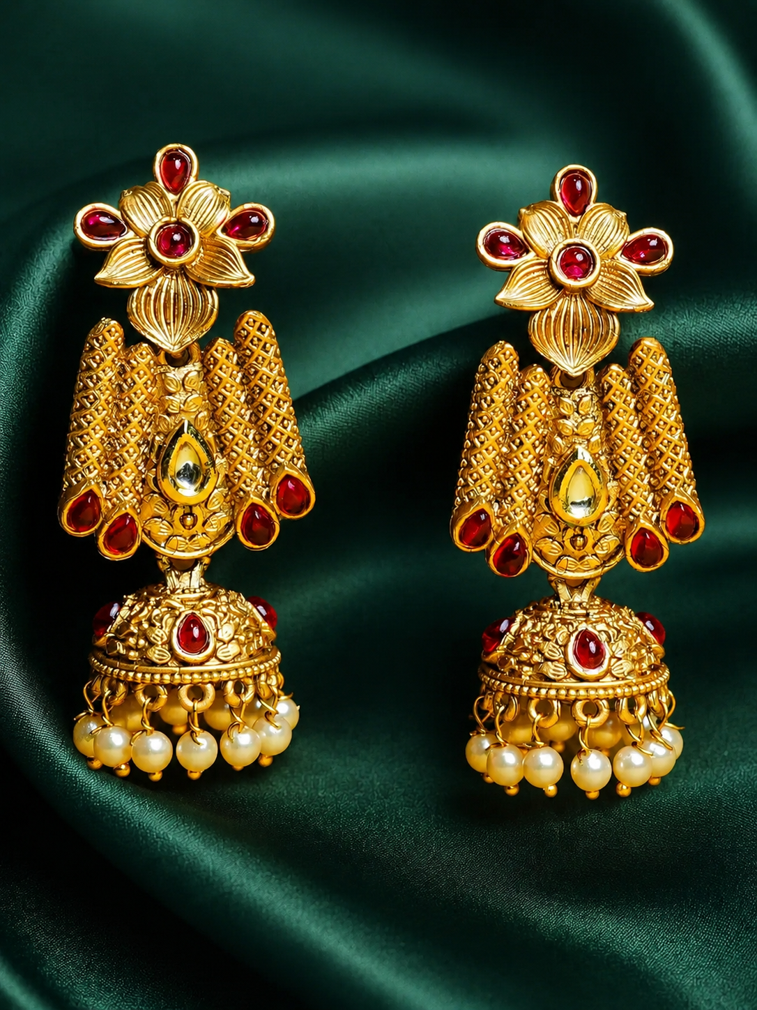 Zevar Club 18K Gold-Plated Green Kundan Stone Studded Floral Drop Earrings with Pearl Jhumka
