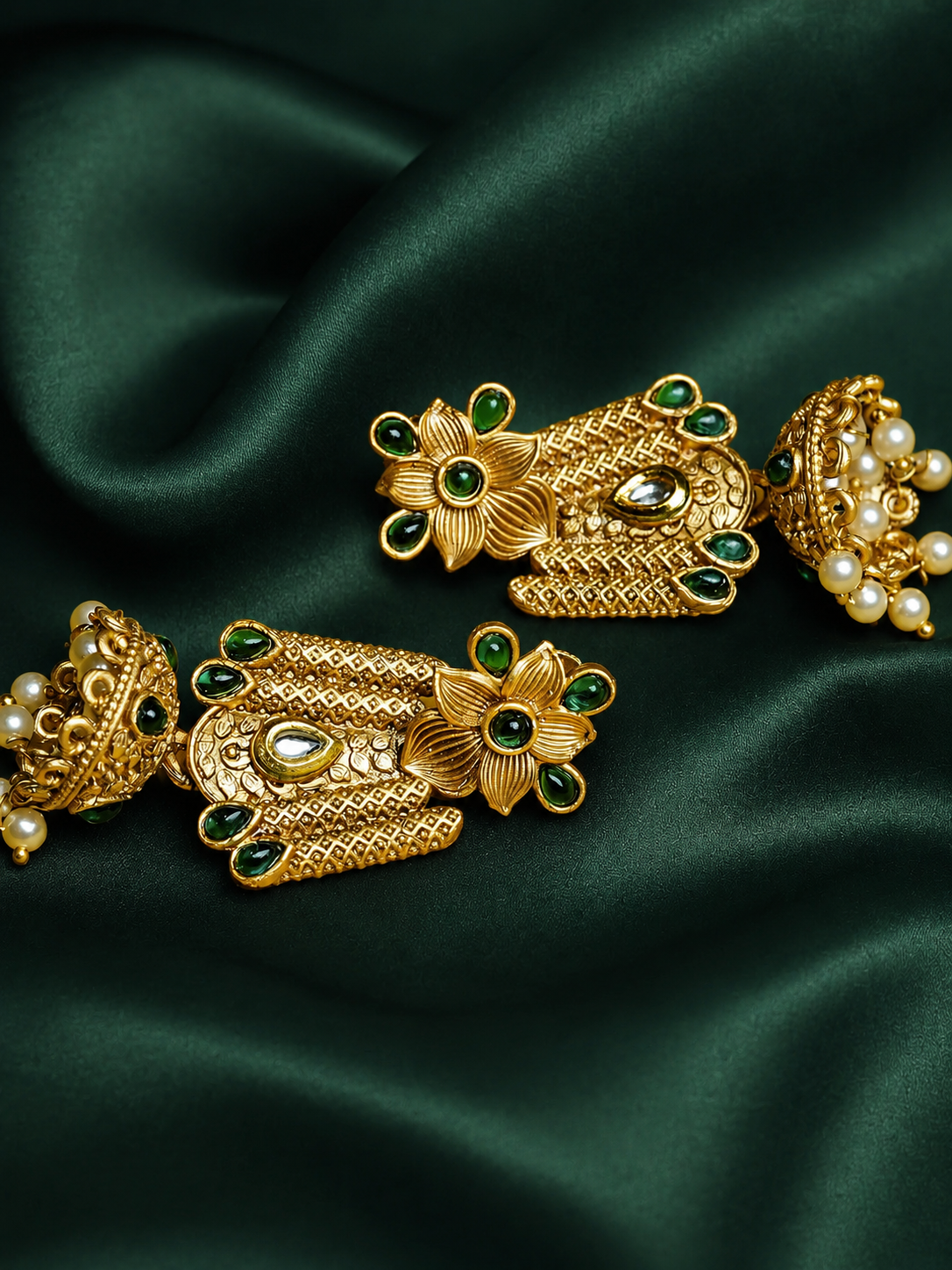 Zevar Club 18K Gold-Plated Green Kundan Stone Studded Floral Drop Earrings with Pearl Jhumka