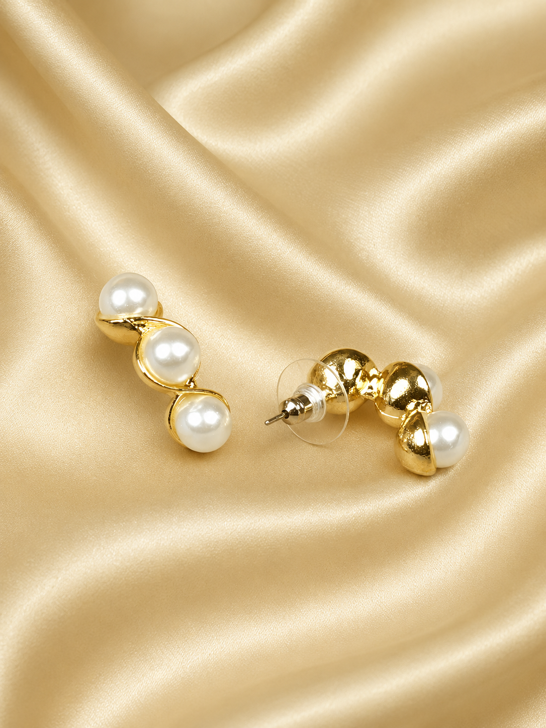 Zevar Club Gold Tone Triple Glossy White Pearl Beaded Curved Wave Design Drop Earrings for Women
