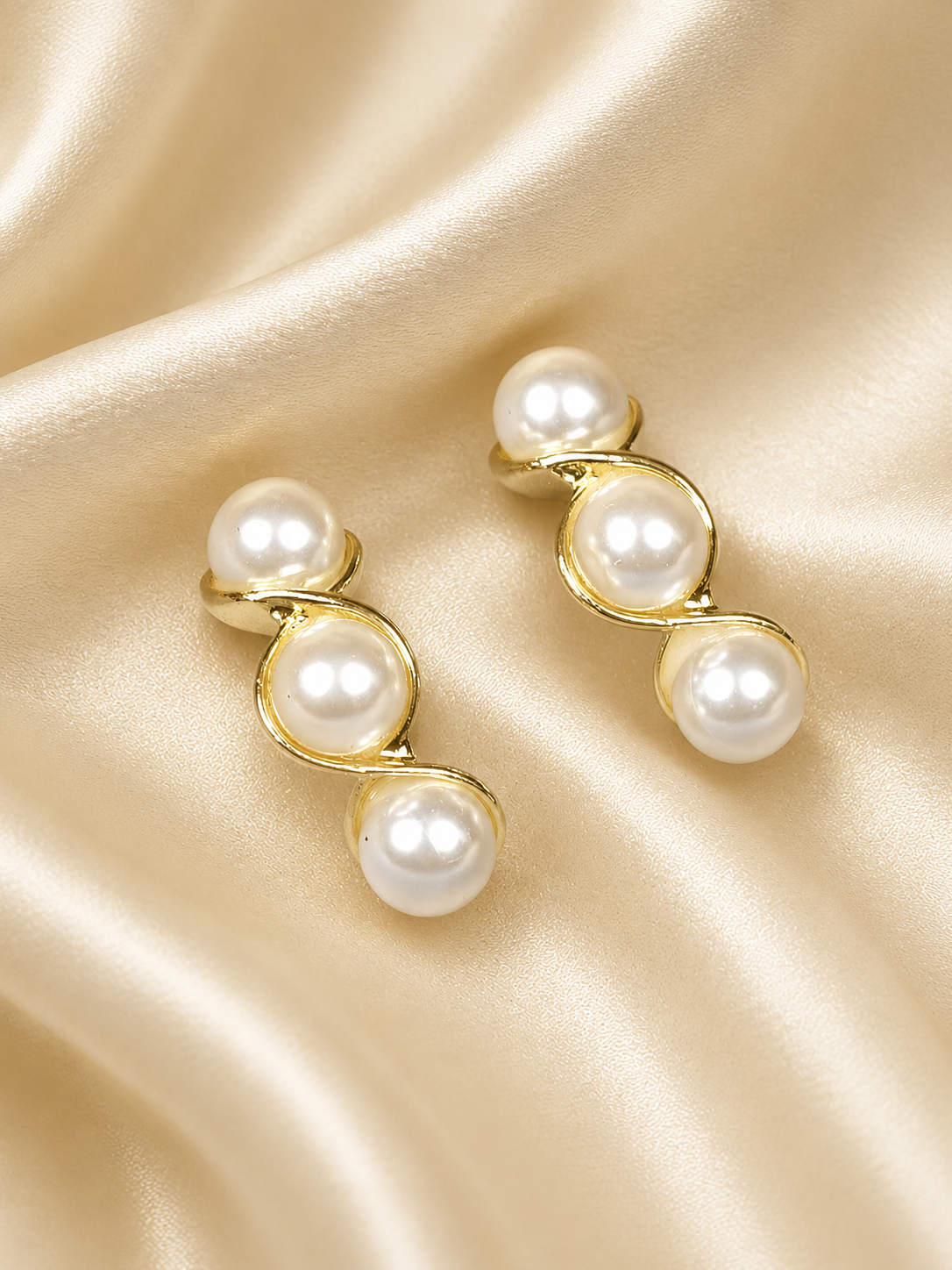 Zevar Club Gold Tone Triple Glossy White Pearl Beaded Curved Wave Design Drop Earrings for Women