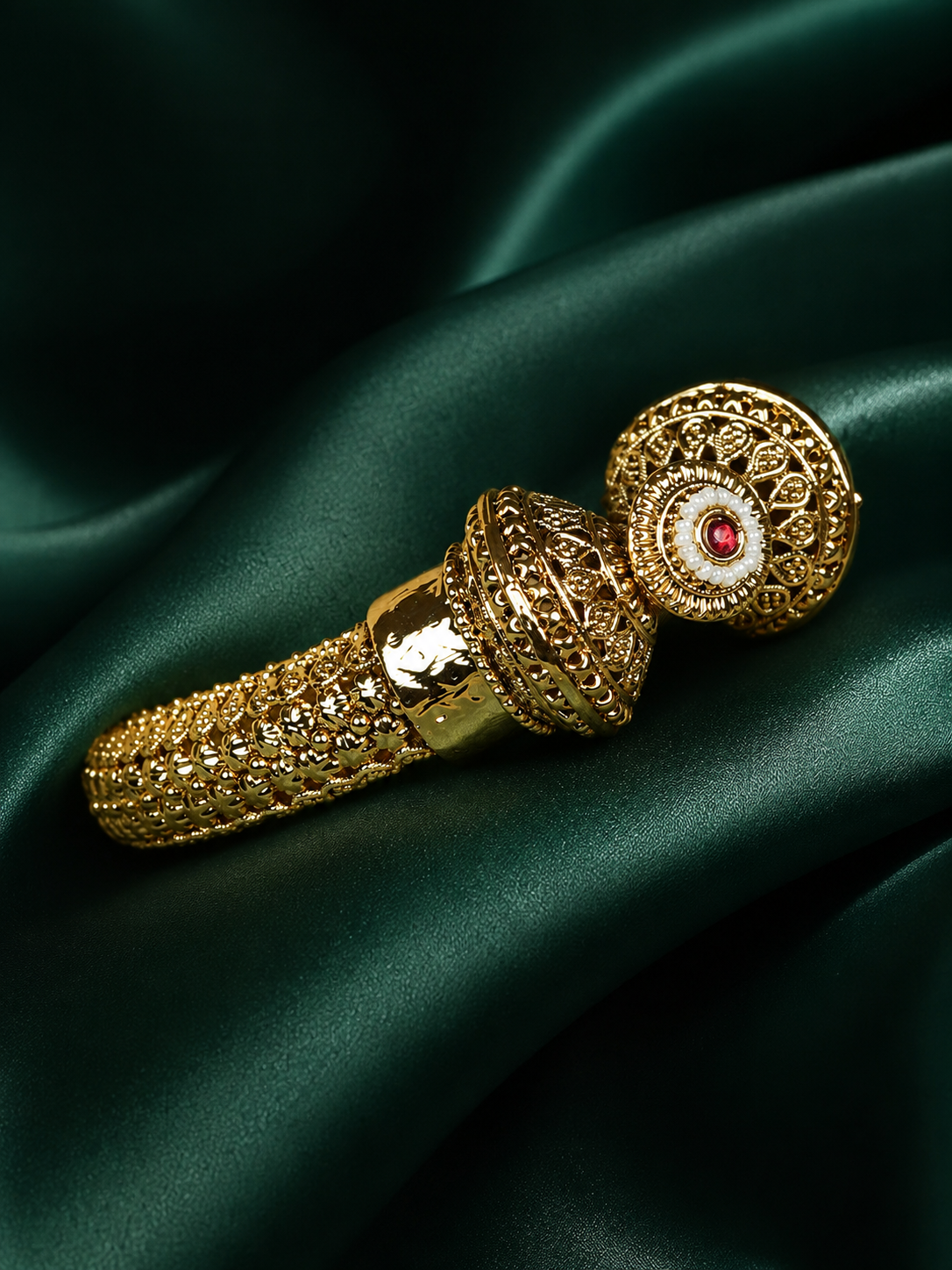 Zevar Club Set of 2 22K Gold-Plated Handcrafted Openable Rajwadi Bangles with Ruby Pearl & Kundan Stones for Women