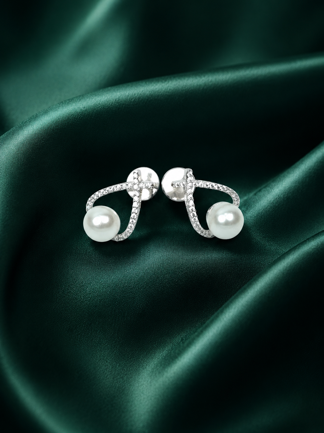 Zevar Club Rhodium-Plated Handcrafted Cubic Zirconia & White Pearl Loop Stud Earrings