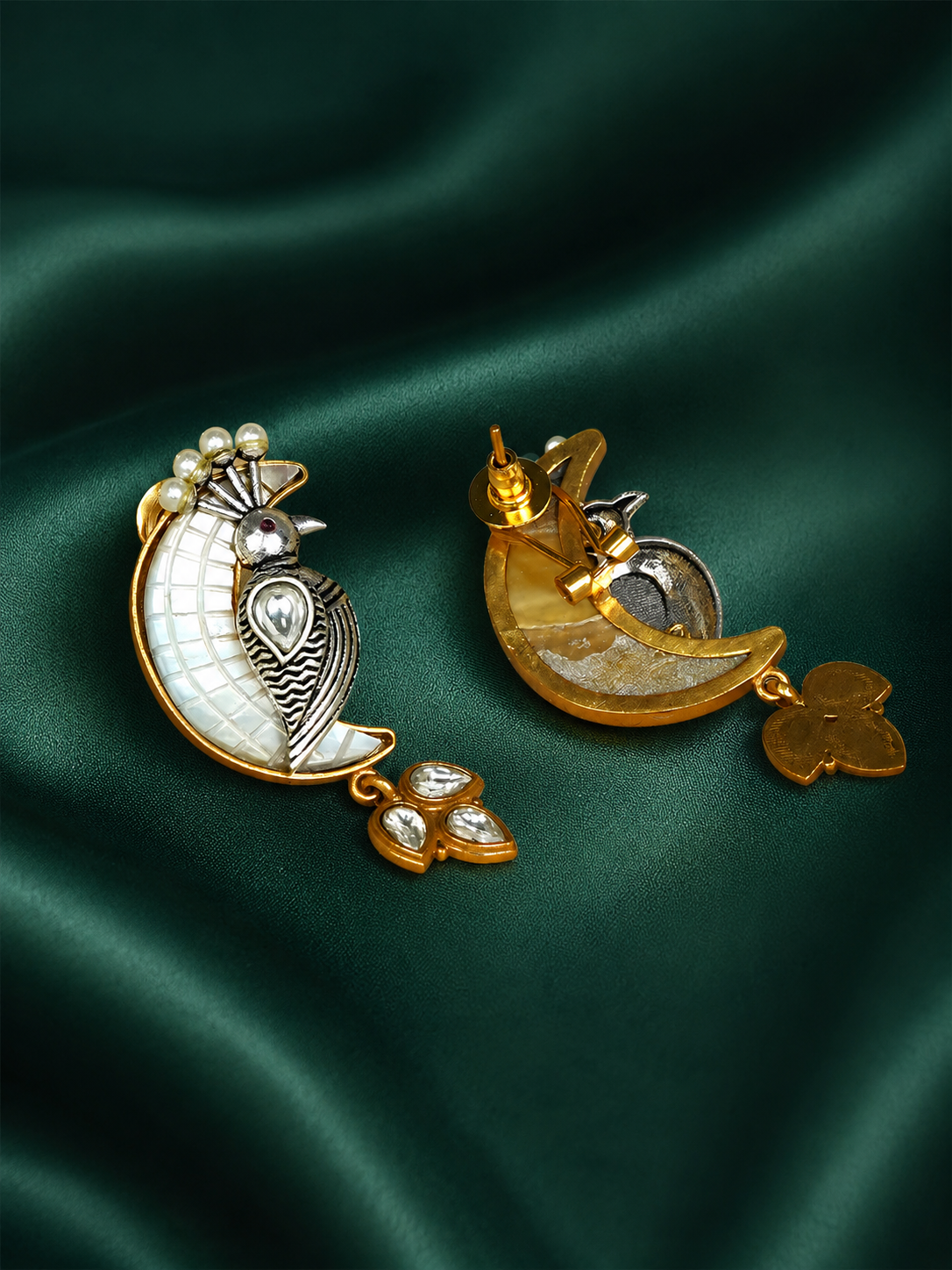Zevar Club Dual-Tone Oxidised Silver & Gold-Plated Big Twin Bird Stud Earrings with White Kundan & Pearls
