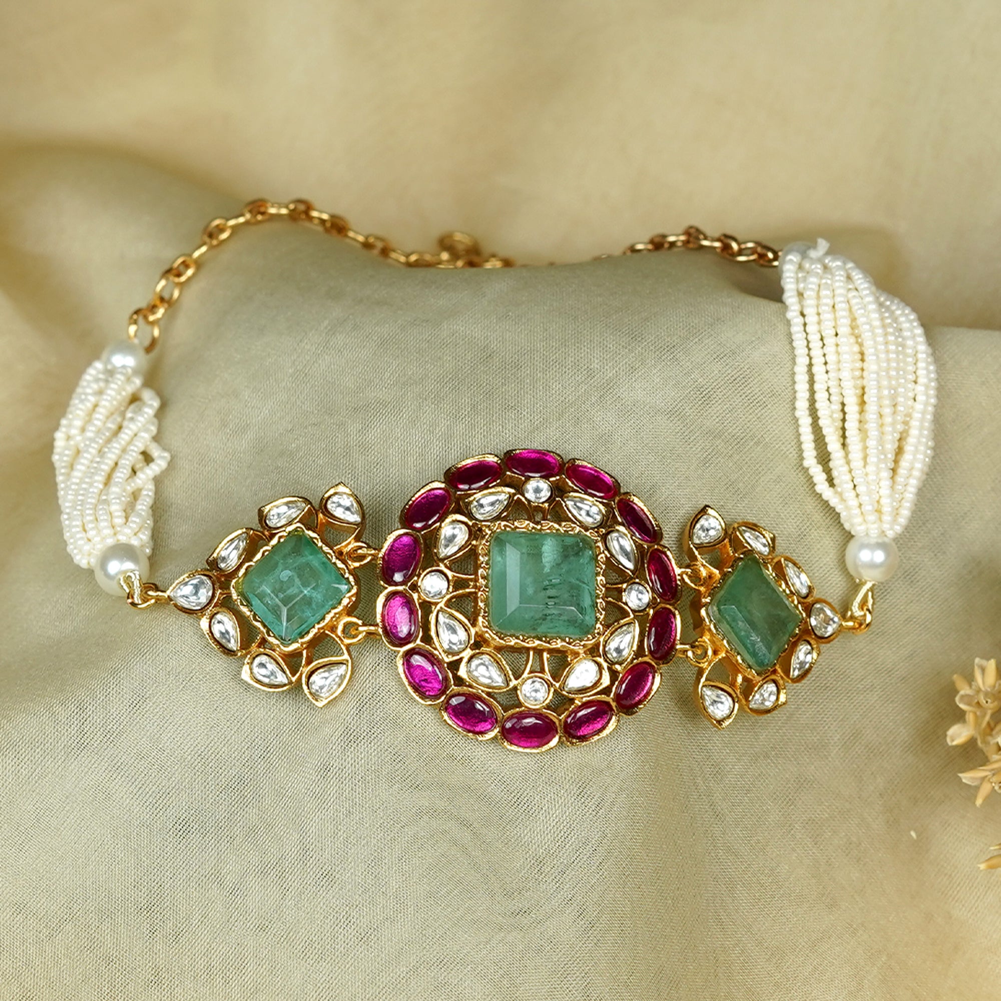Zevar Club White Stone & Ruby Pink Studded Handcrafted Choker Necklace Set with Kundan & Pearl Beaded Detailing