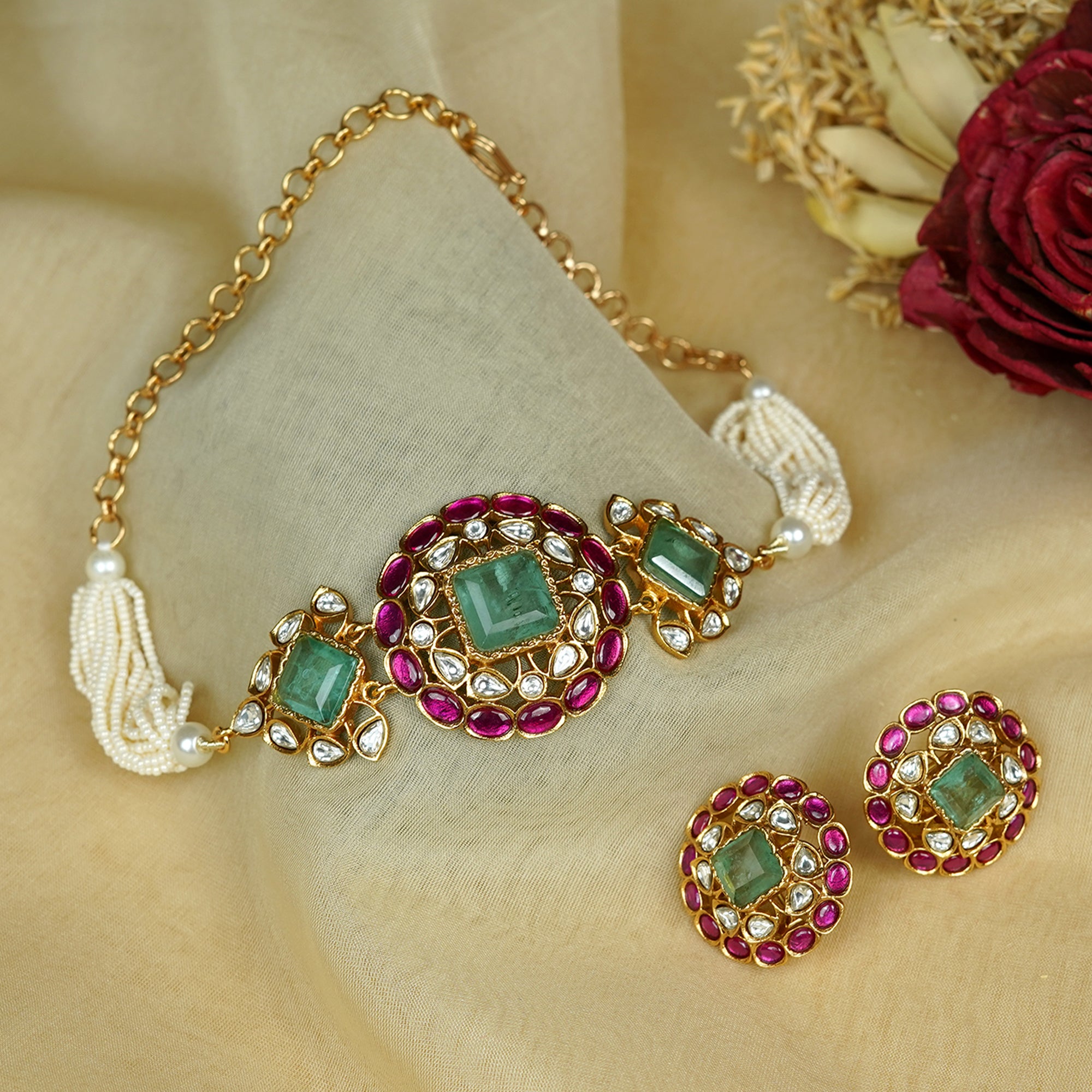 Zevar Club White Stone & Ruby Pink Studded Handcrafted Choker Necklace Set with Kundan & Pearl Beaded Detailing