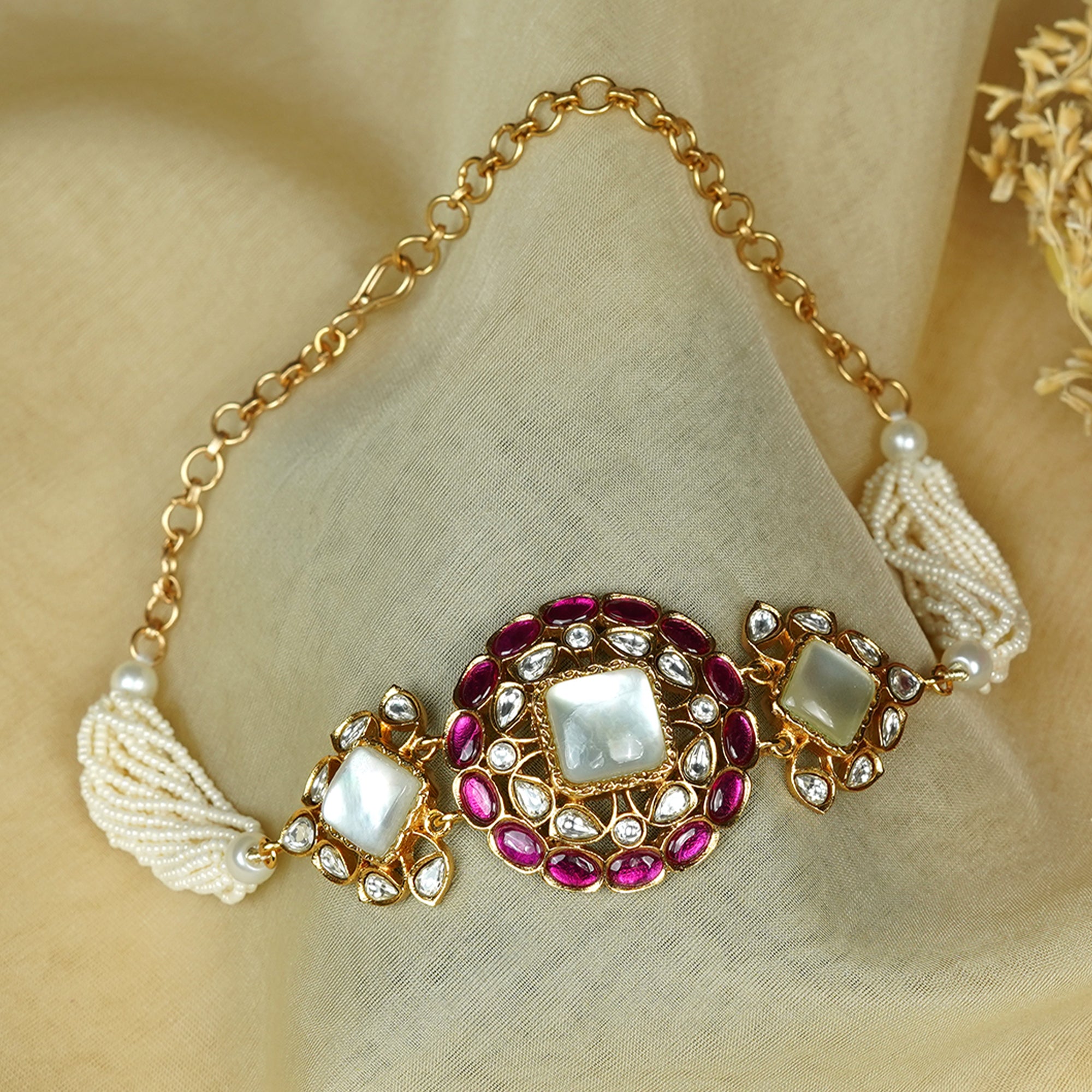 Zevar Club White Stone & Ruby Pink Studded Handcrafted Choker Necklace Set with Kundan & Pearl Beaded Detailing