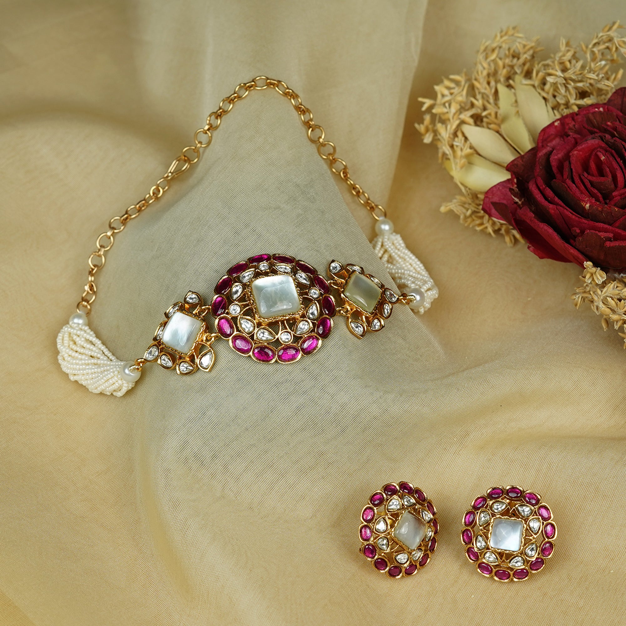 Zevar Club White Stone & Ruby Pink Studded Handcrafted Choker Necklace Set with Kundan & Pearl Beaded Detailing