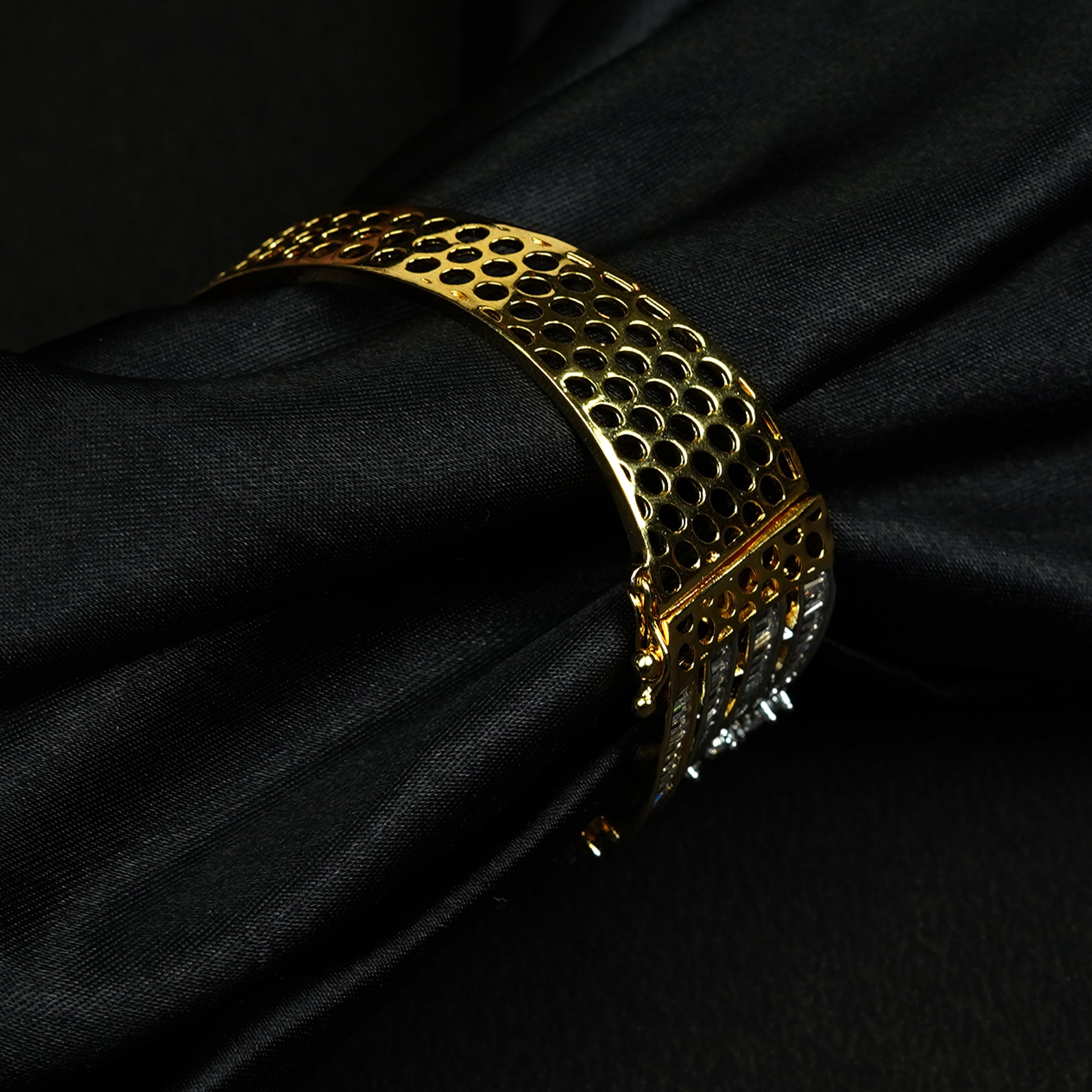 Zevar Club 22K Gold-Plated Handcrafted Statement Bracelet with AAA Cubic Zirconia Leaf Cluster Design