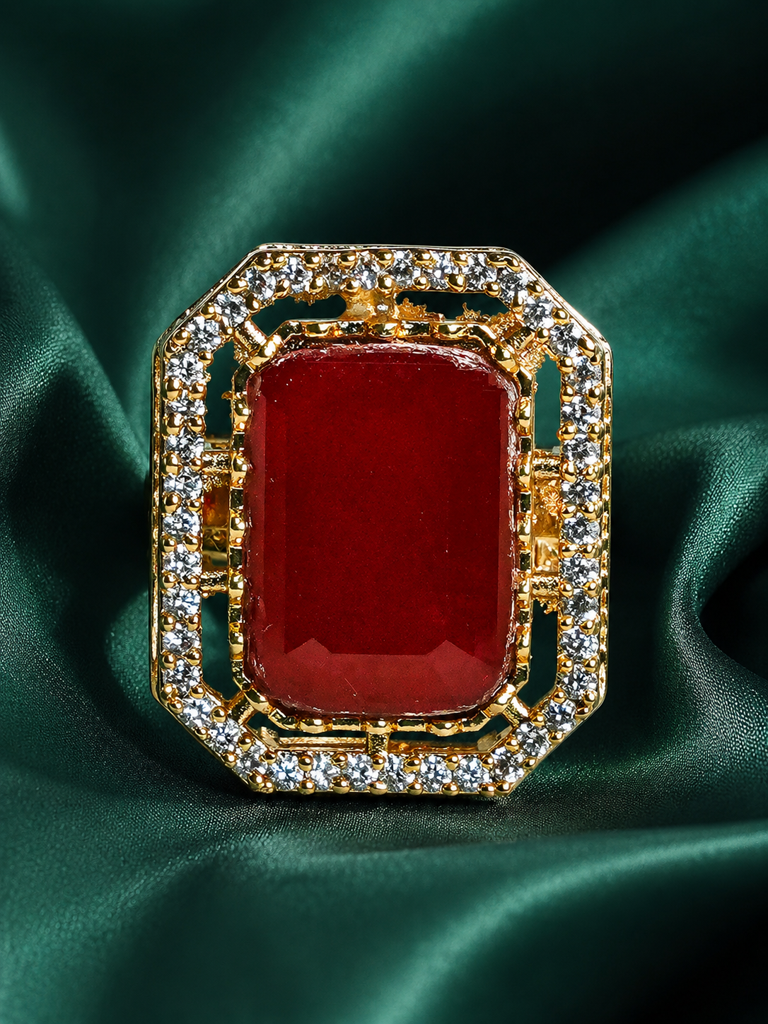 Zevar Club Gold-Toned Ruby Pink & Cubic Zirconia Studded Royal Statement Adjustable Ring