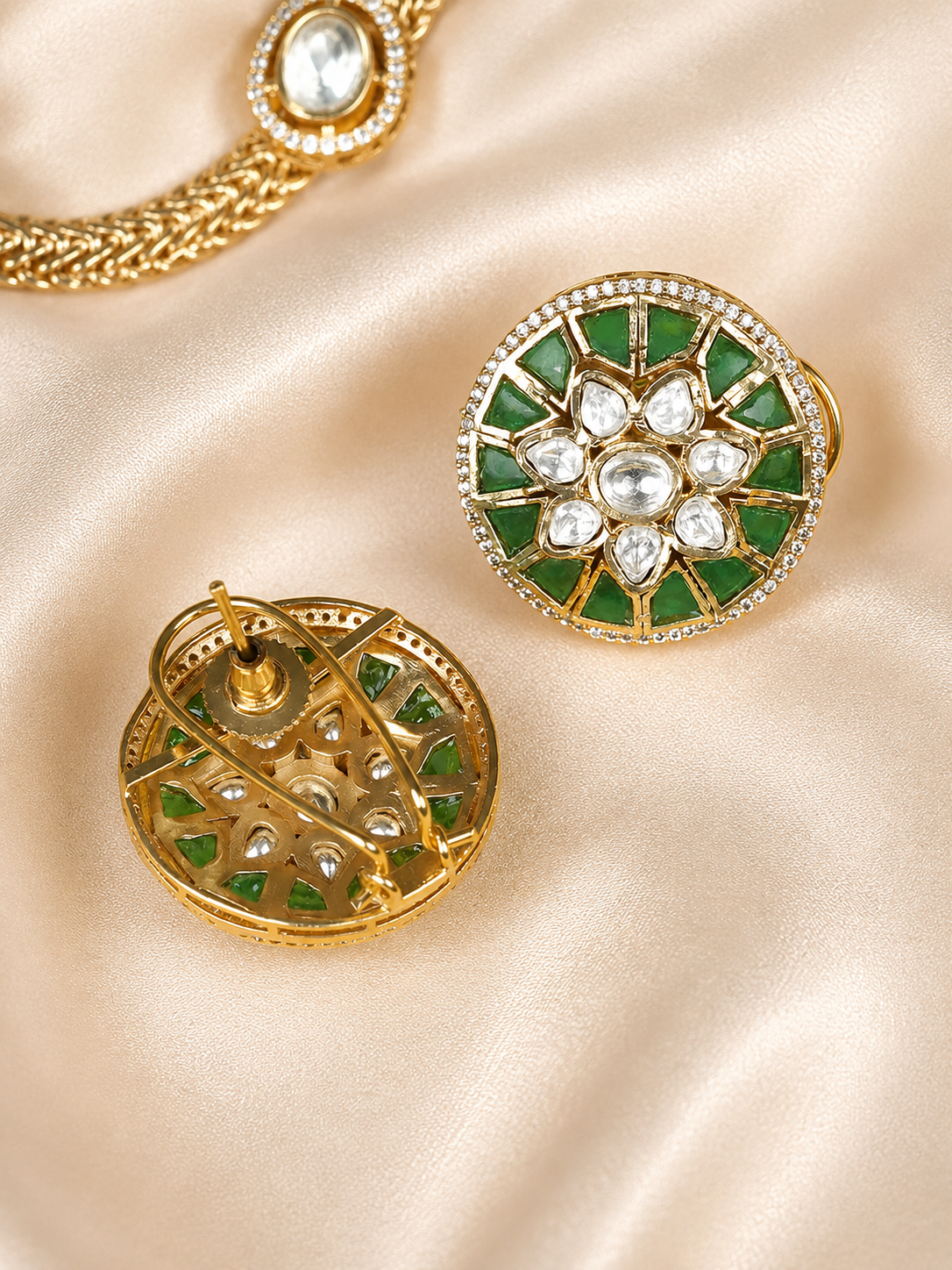 Zevar Club 24K Gold Plated White Kundan Studded Handcrafted Jewellery Set with Green Enamel Floral Pendant & Earrings for Women