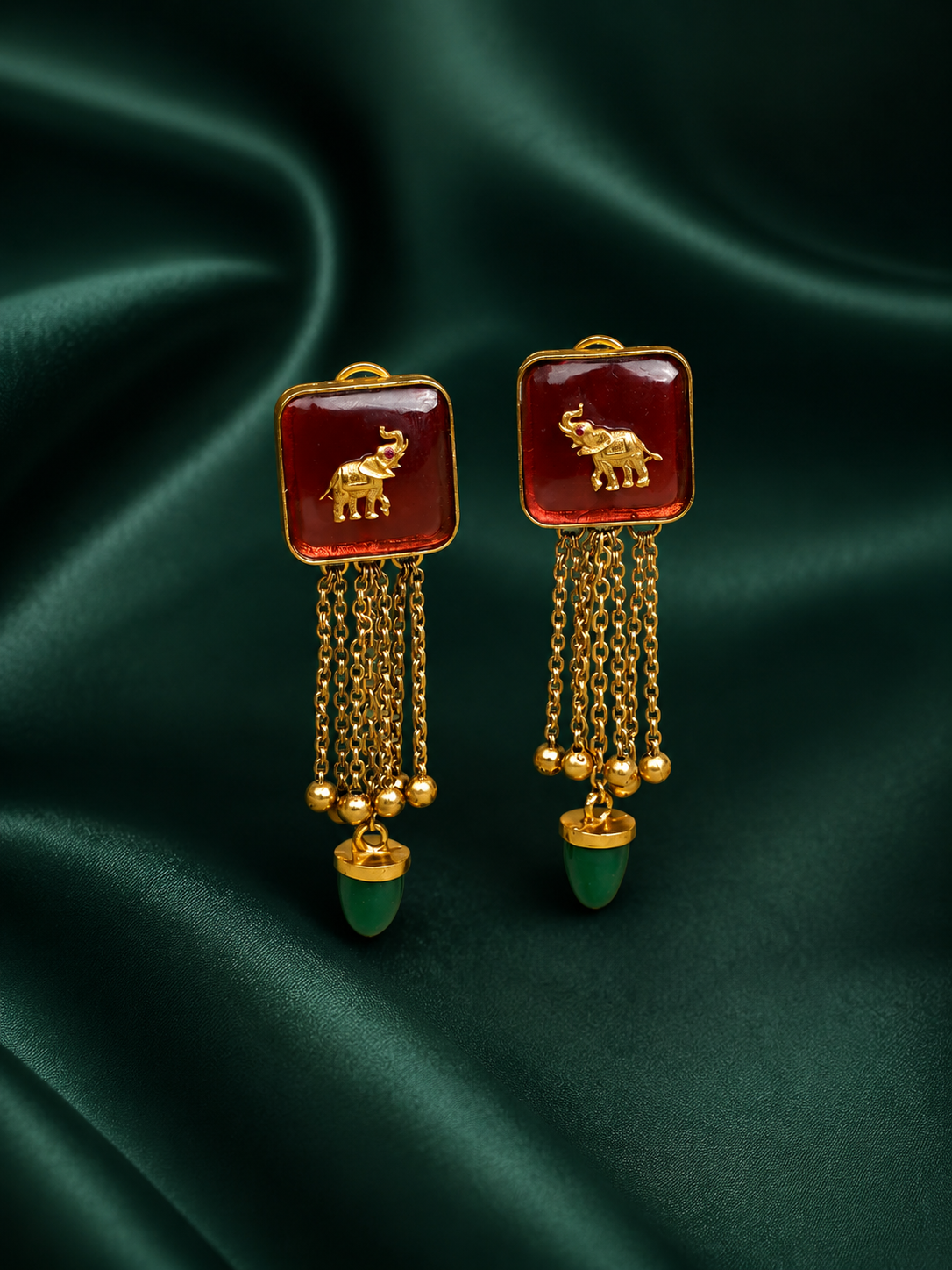 Zevar Club 22K Gold-Plated Red Enamel Elephant Motif Earring with Green Beads & Chain Drop