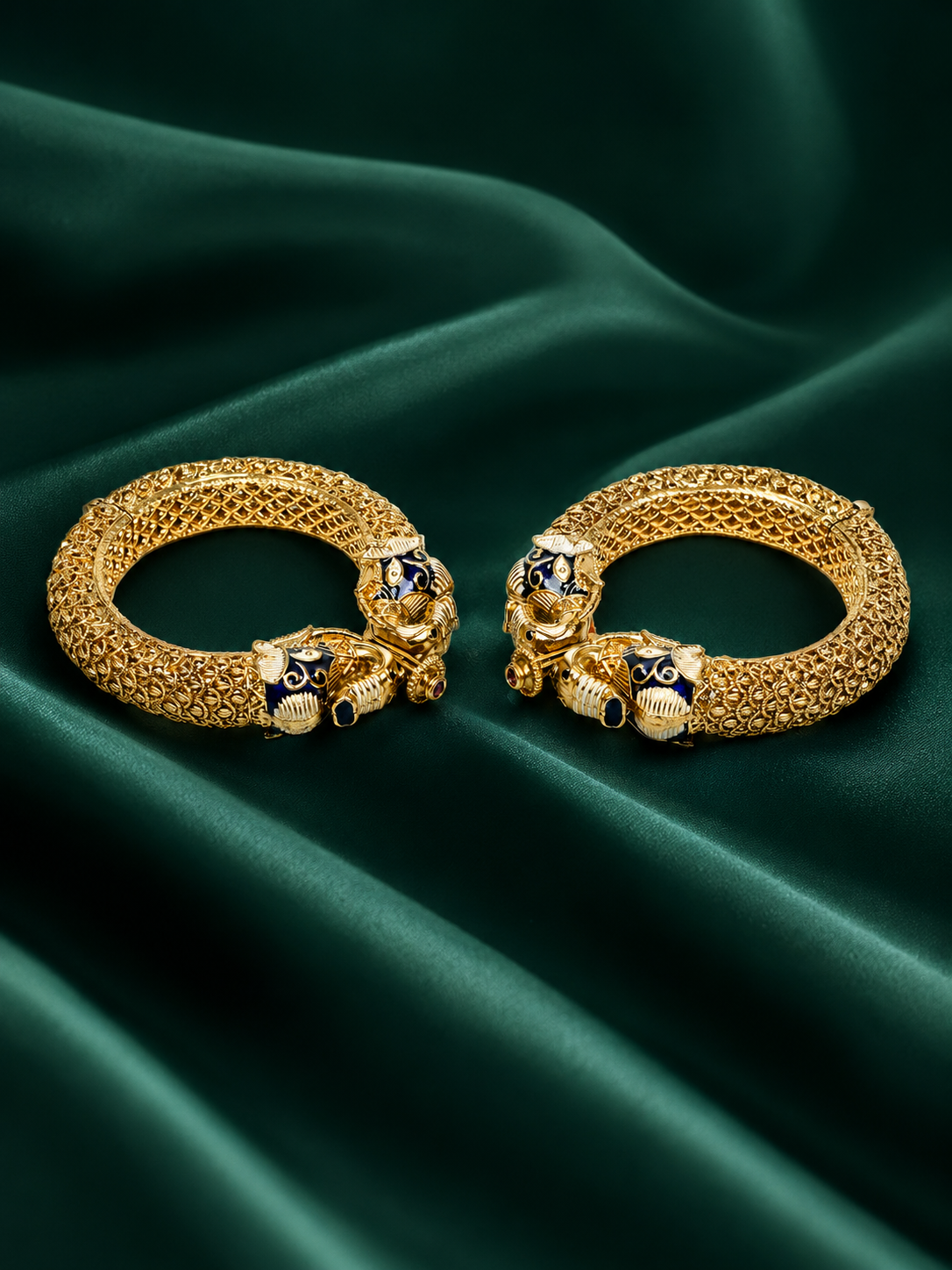 Zevar Club Set of 2 22K Gold-Plated Handcrafted Panther-Head Bangles with Blue Enamel & Black Stone Accents for Women