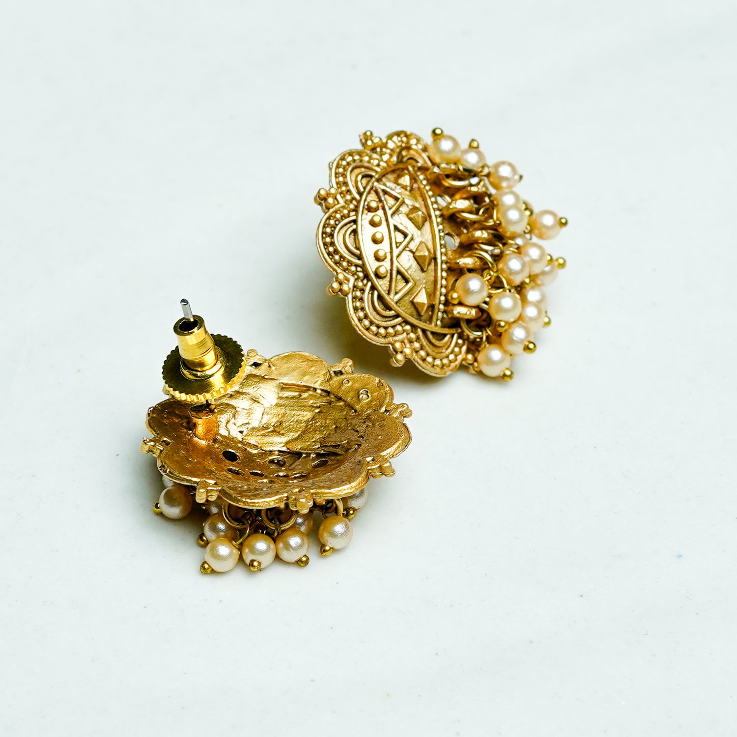 Zevar Club Antique Silver-Toned Statement Stud Earrings with Pearl Cluster Drops & Carved Motif