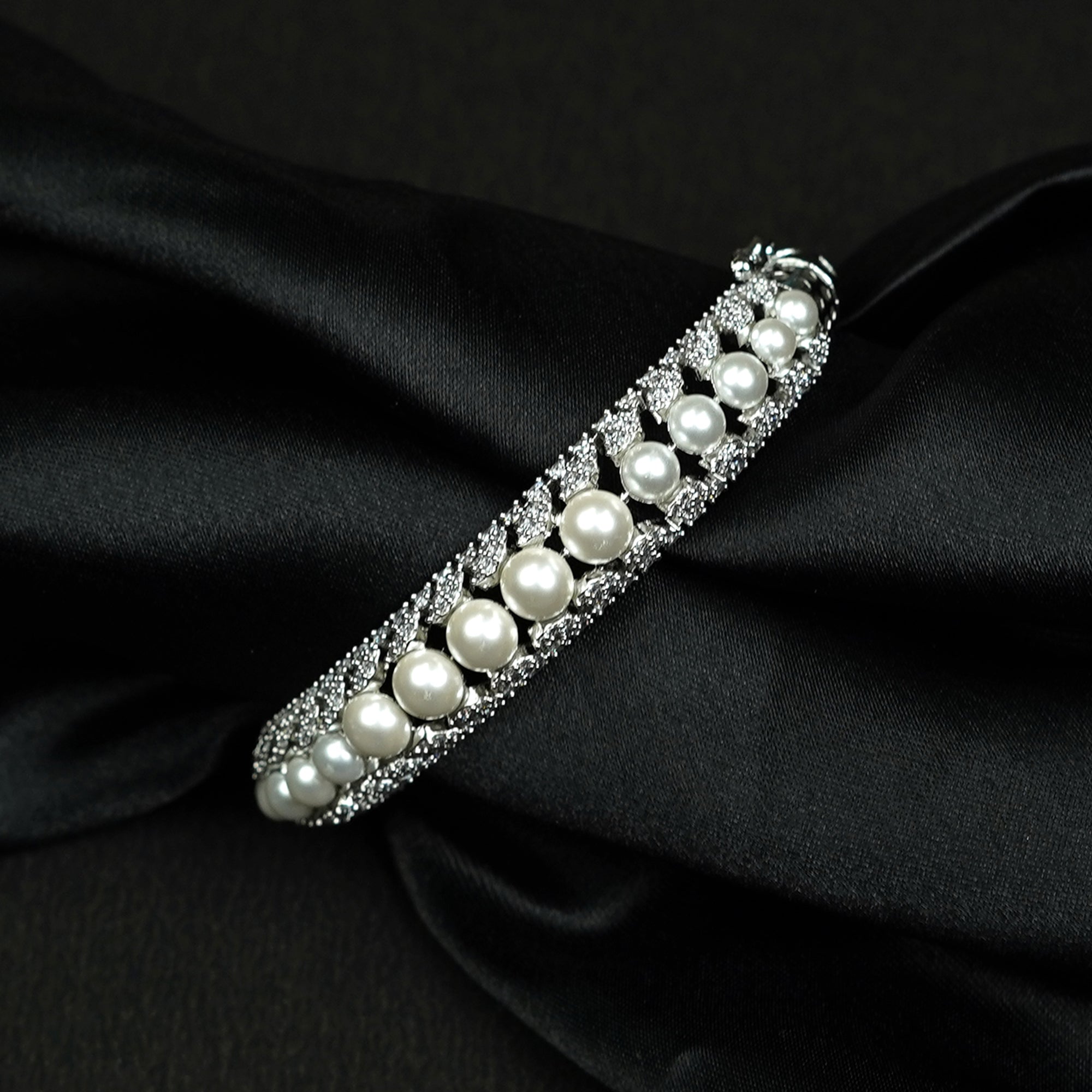 Zevar Club 22K Gold-Plated Handcrafted Pearl Embedded Design AAA Cubic Zirconia Studded Openable Bracelet