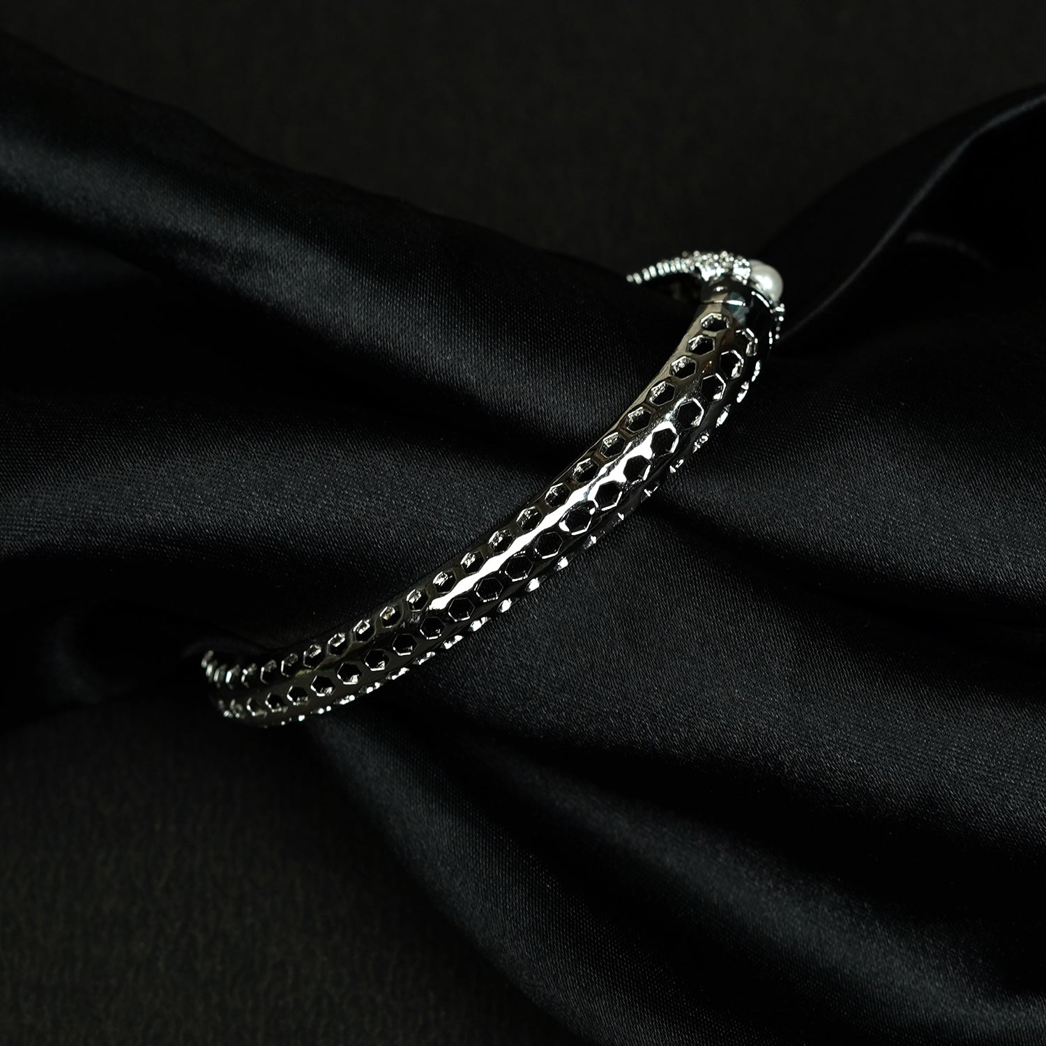 Zevar Club Rhodium-Plated AAA Cubic Zirconia Studded Handcrafted Demi-Fine Textured Crown Bracelet