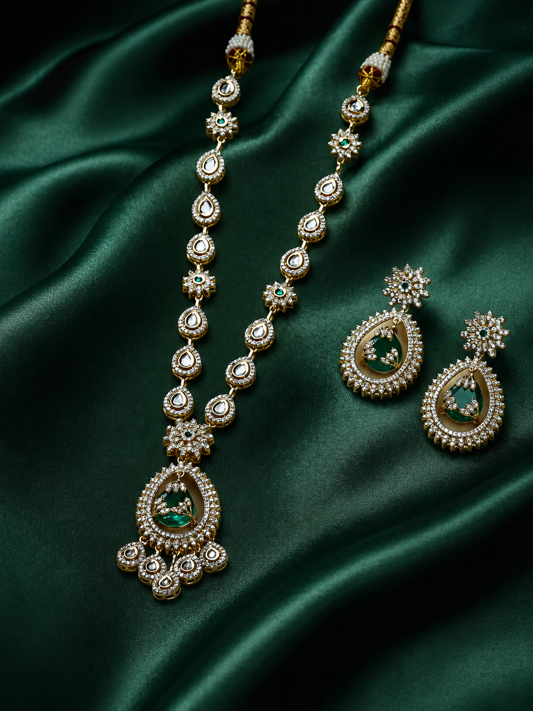 Zevar Club 22K Gold-Plated White Kundan & Emerald Green Cubic Zirconia Studded Long Statement Necklace Jewellery Set