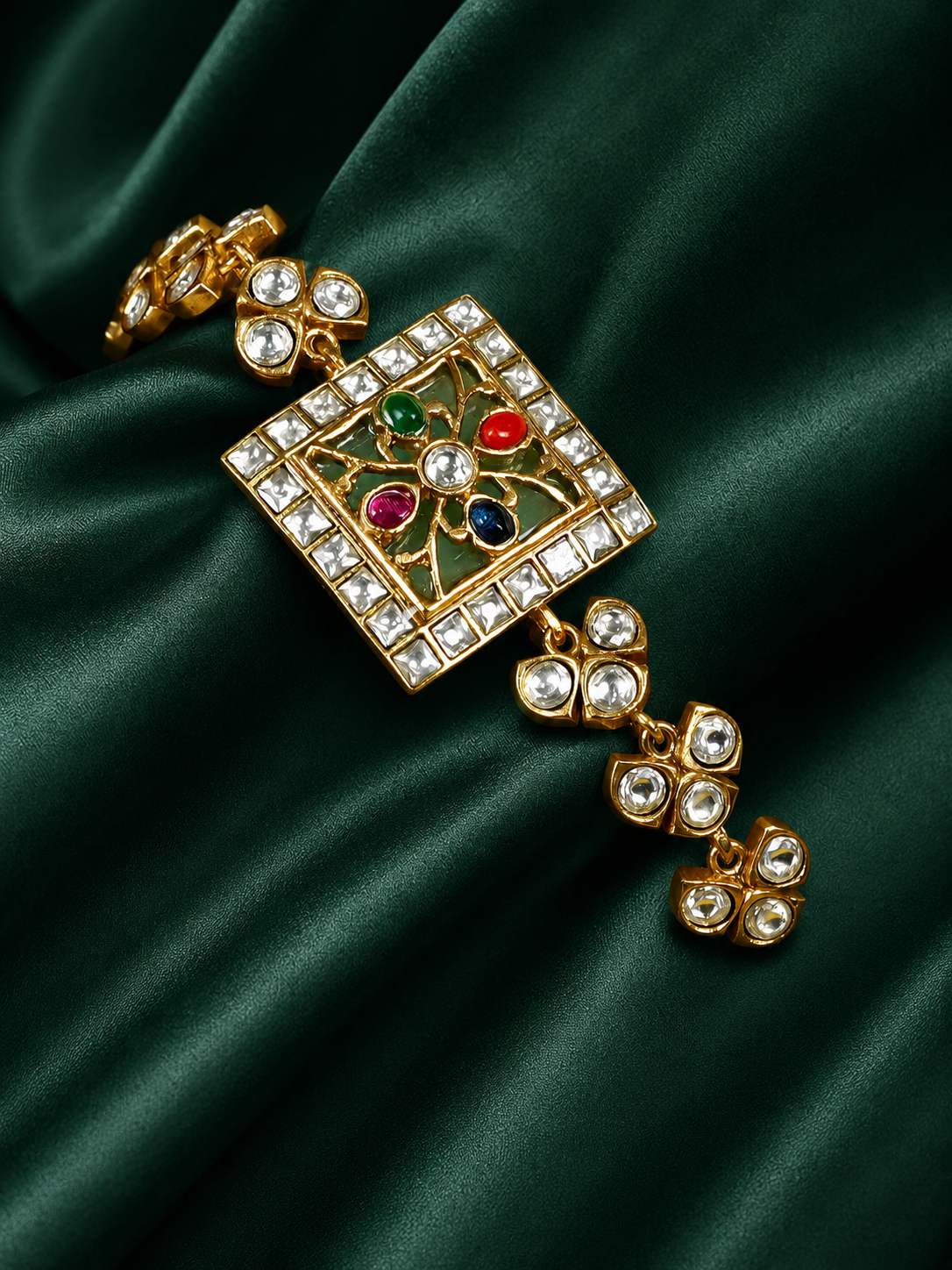 Zevar Club Gold Tone Multicolor Kundan Stone Studded Square Floral Motif Handcrafted Bracelet for Women