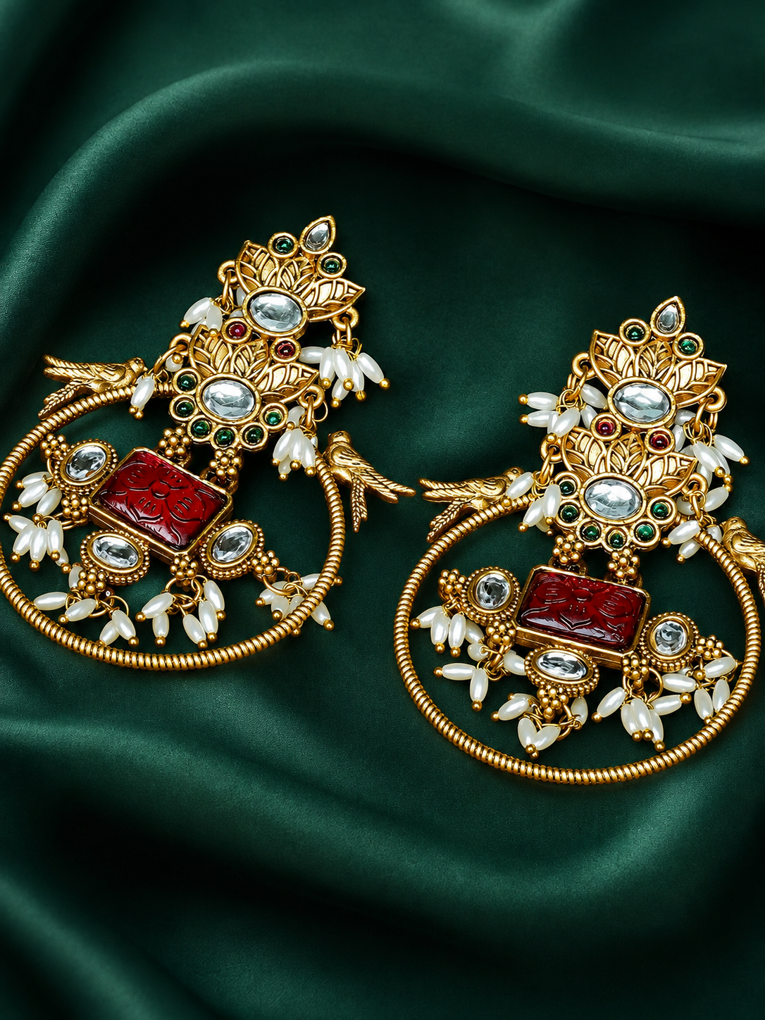 Zevar Club 18K Gold-Plated White Kundan Studded Bird Motif Drop Earrings with Pearls & Red Stone