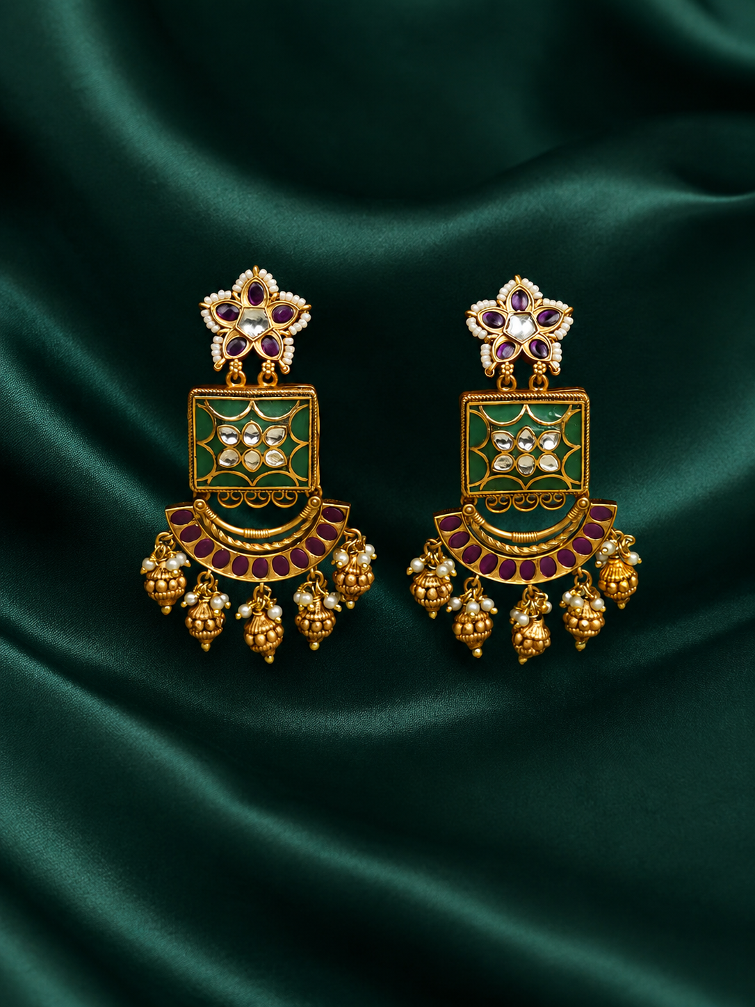 Zevar Club 18K Gold-Plated Ruby Pink Stone and Green Enamelled Kundan Chandbali Earrings