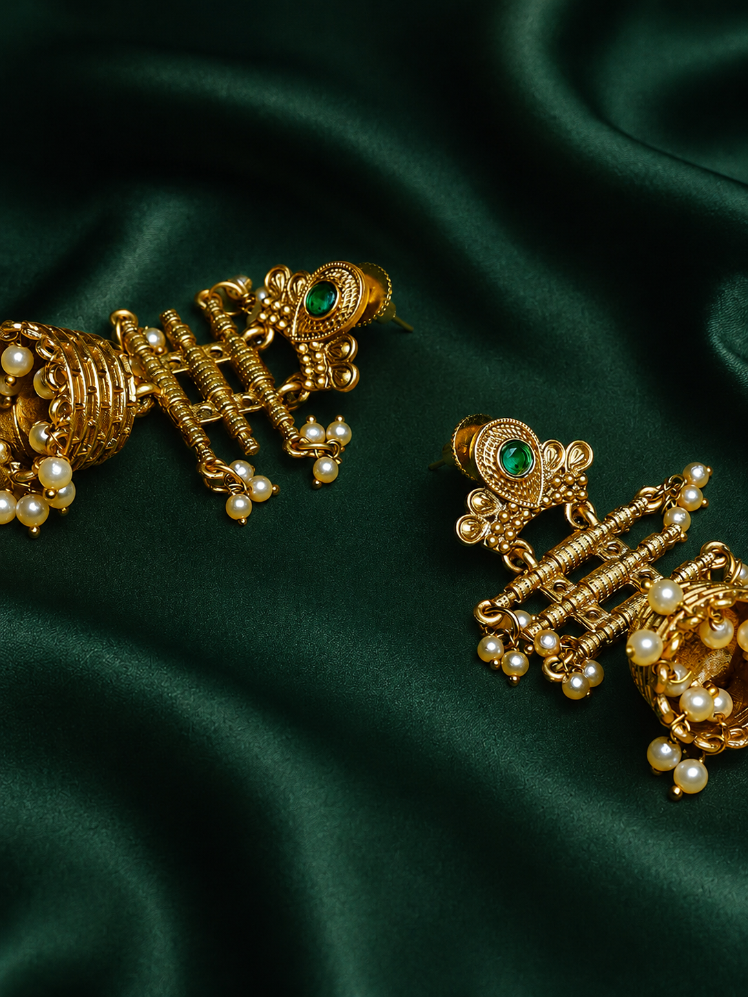 Zevar Club 18K Gold-Plated Green Kundan Studded Layered Traditional Jhumka Earrings with Pearls