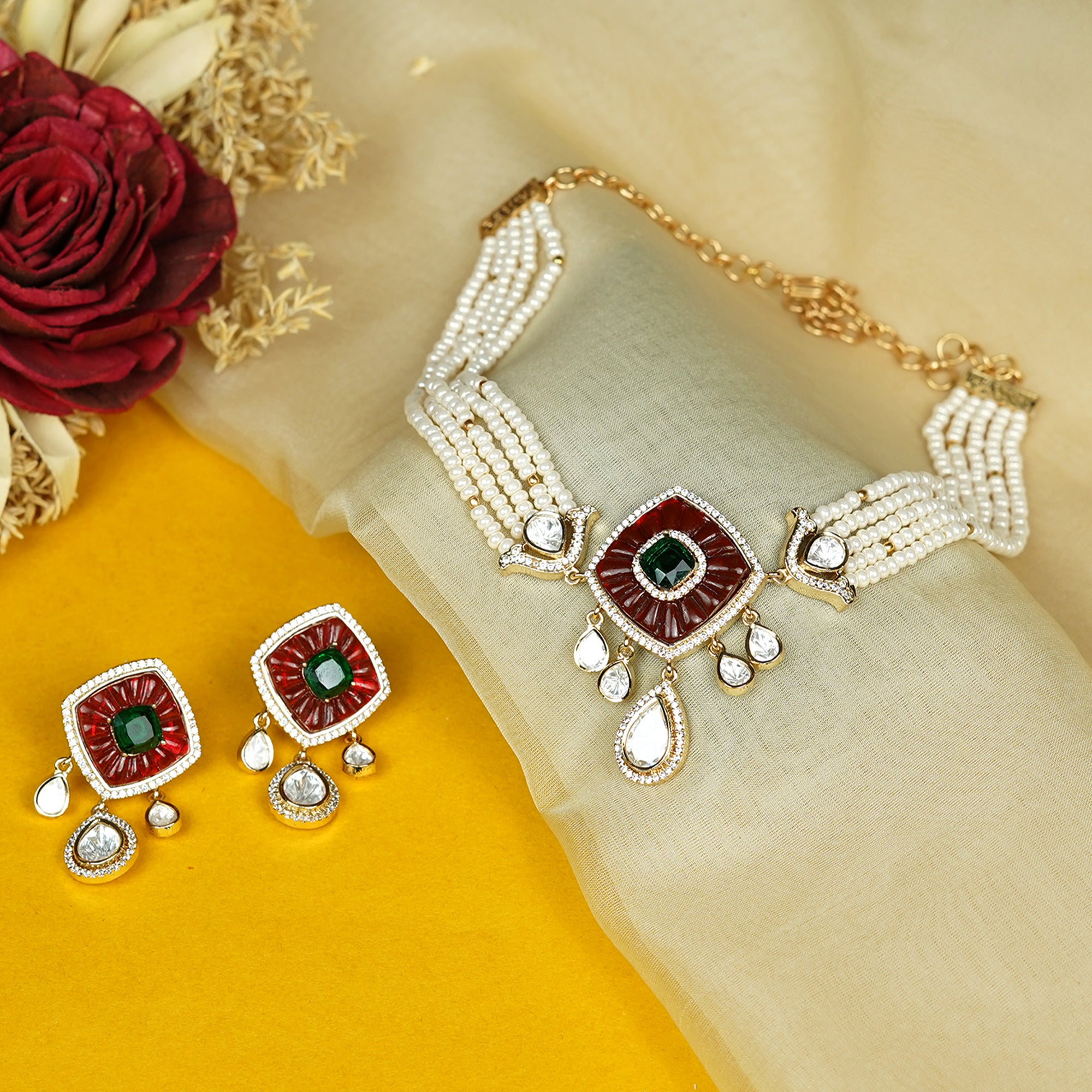 Zevar Club Emerald Green Stone & White Kundan Studded Handcrafted Choker Necklace Set with White Pearl Beaded Strands