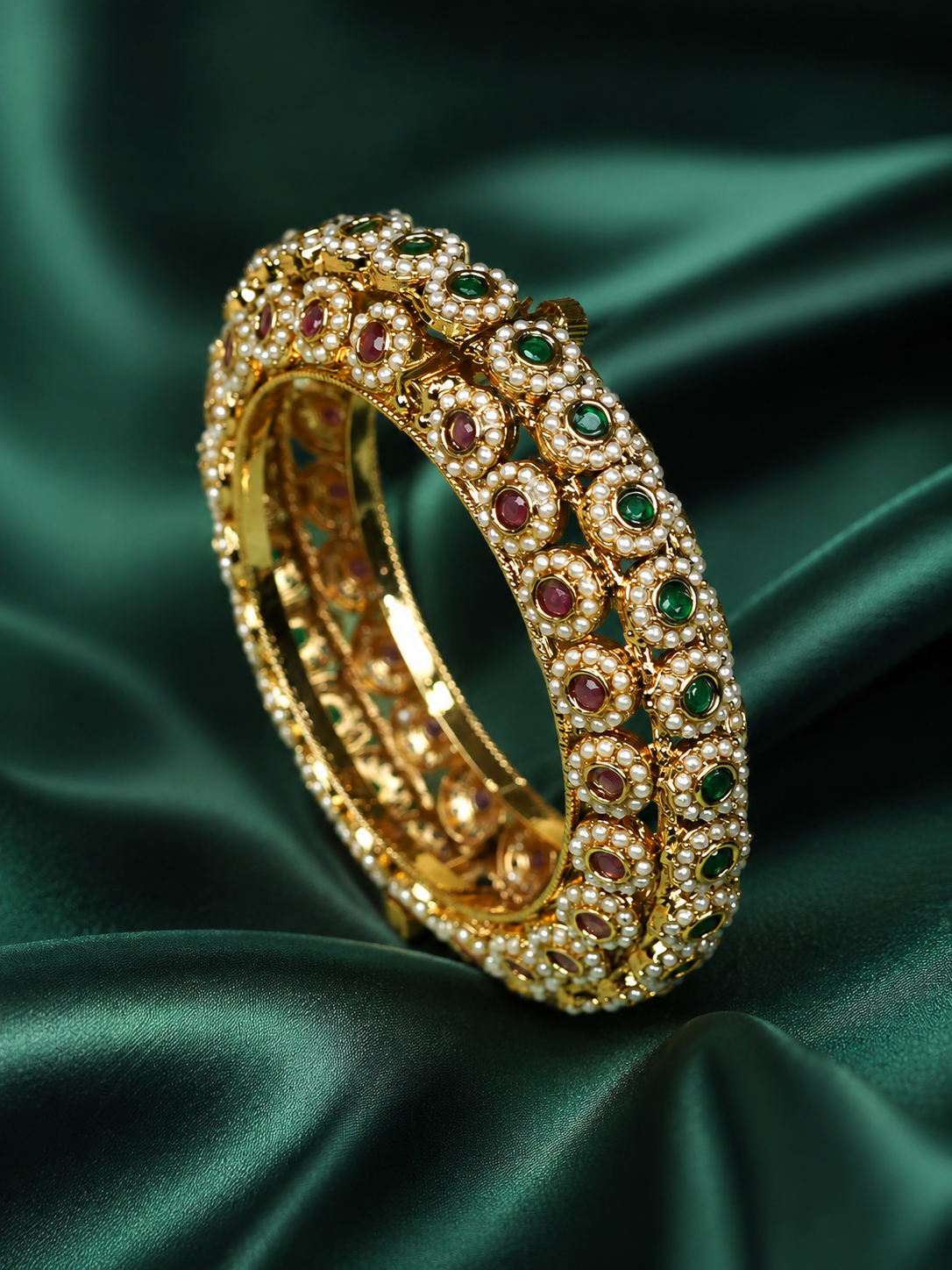Zevar Club Gold Tone Ruby Red & Emerald Green Stone Studded Pearl Beaded Handcrafted Bracelet for Women