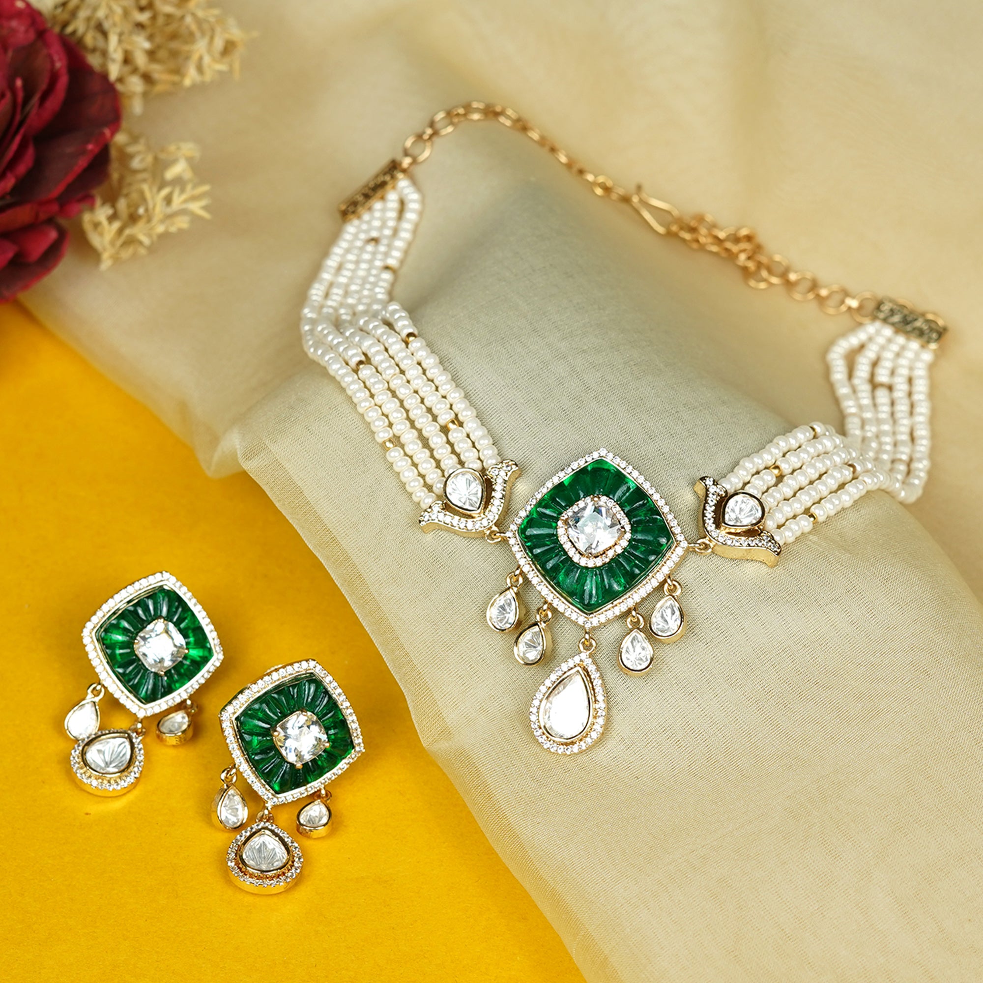 Zevar Club Emerald Green Stone & White Kundan Studded Handcrafted Choker Necklace Set with White Pearl Beaded Strands