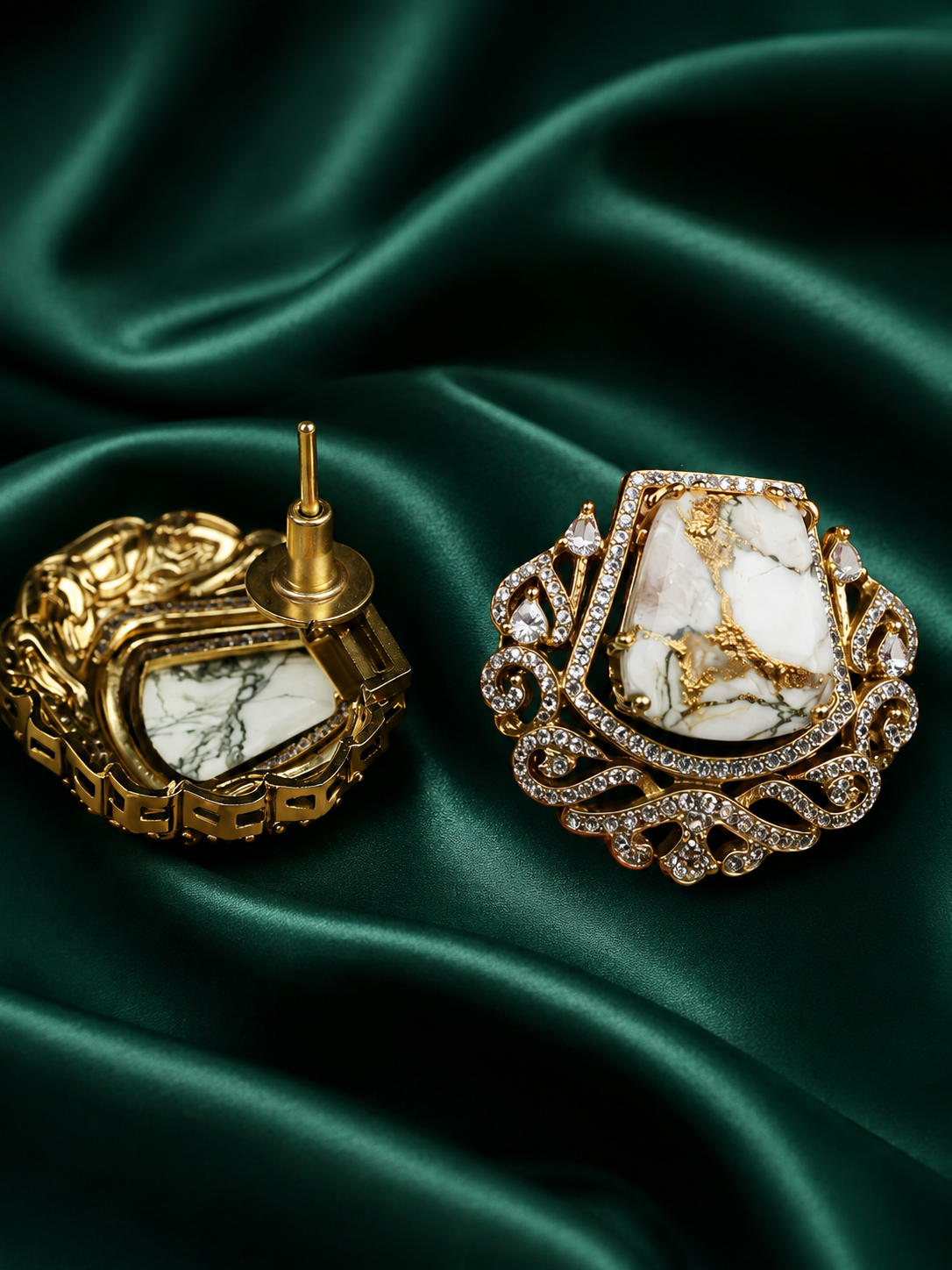 Zevar Club Rhodium-Plated Marble-Effect White Gemstone & AAA Cubic Zirconia Statement Stud Earrings