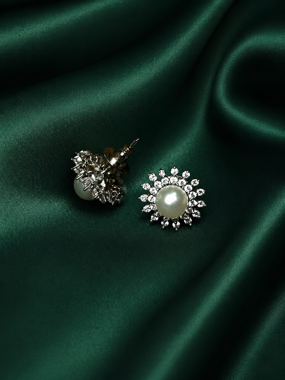 Zevar Club Rhodium-Plated White Pearl & Cubic Zirconia Floral Stud Earrings in Gold Tone