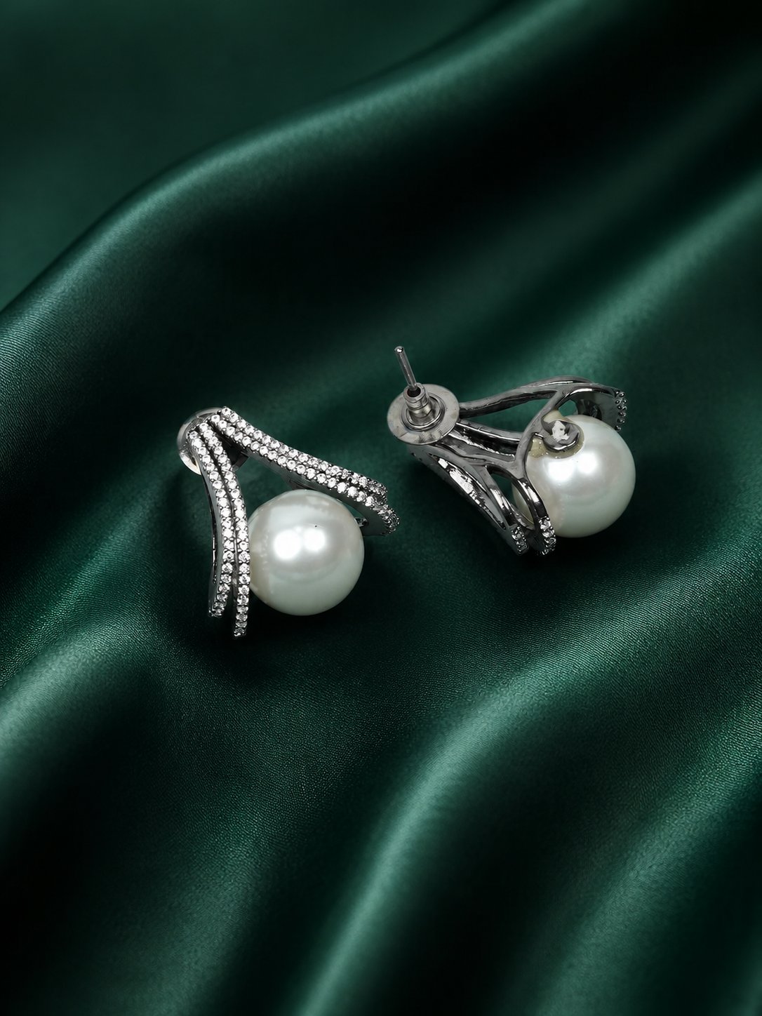 Zevar Club Rhodium-Plated Cubic Zirconia & White Pearl Sculpted Swirl Stud Earrings