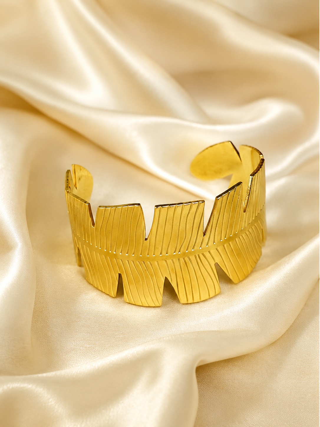 Zevar Club Gold Tone Stainless Steel Tarnish Free Waterproof Leaf-Edged Textured Open Cuff Bracelet for Women