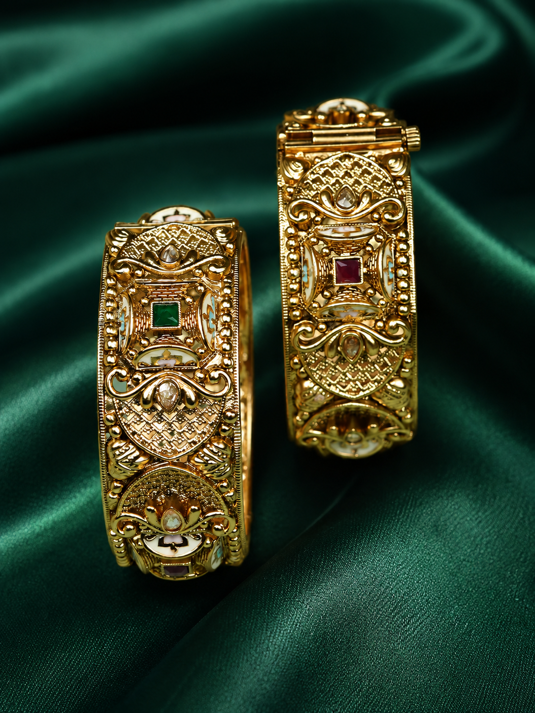 Zevar Club Set of 2 24K Gold-Plated Handcrafted Rajwadi Bangles with Ruby Red & Emerald Green Kundan Studded Floral & Embossed Motifs