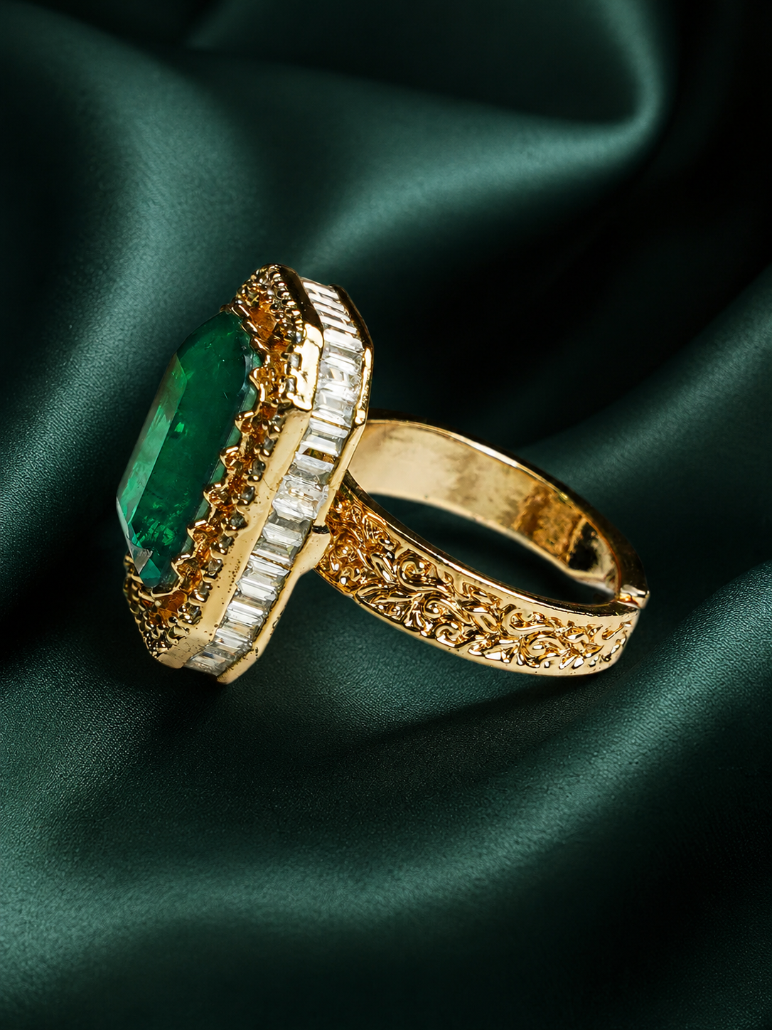 Zevar Club Gold-Toned Emerald Green & Cubic Zirconia Studded Royal Statement Adjustable Ring