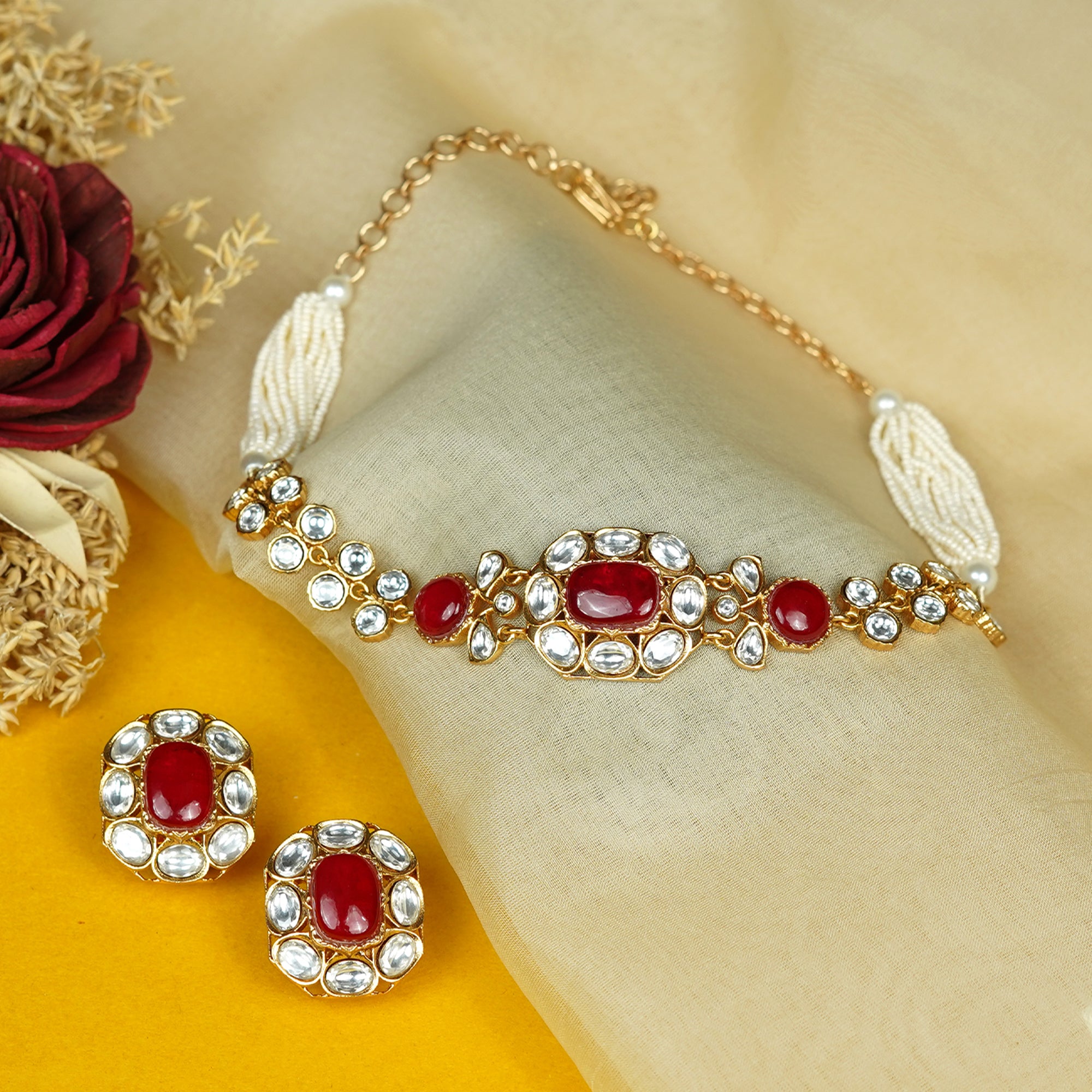 Zevar Club Emerald Green Stone & White Kundan Studded Handcrafted Choker Necklace Set with Pearl Beaded Accents