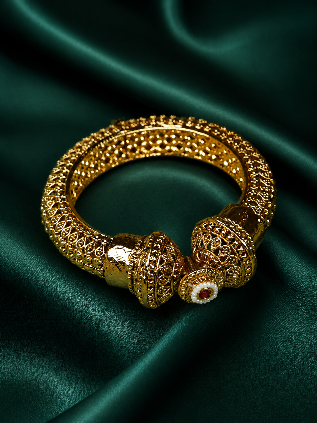 Zevar Club Set of 2 22K Gold-Plated Handcrafted Openable Rajwadi Bangles with Ruby Pearl & Kundan Stones for Women