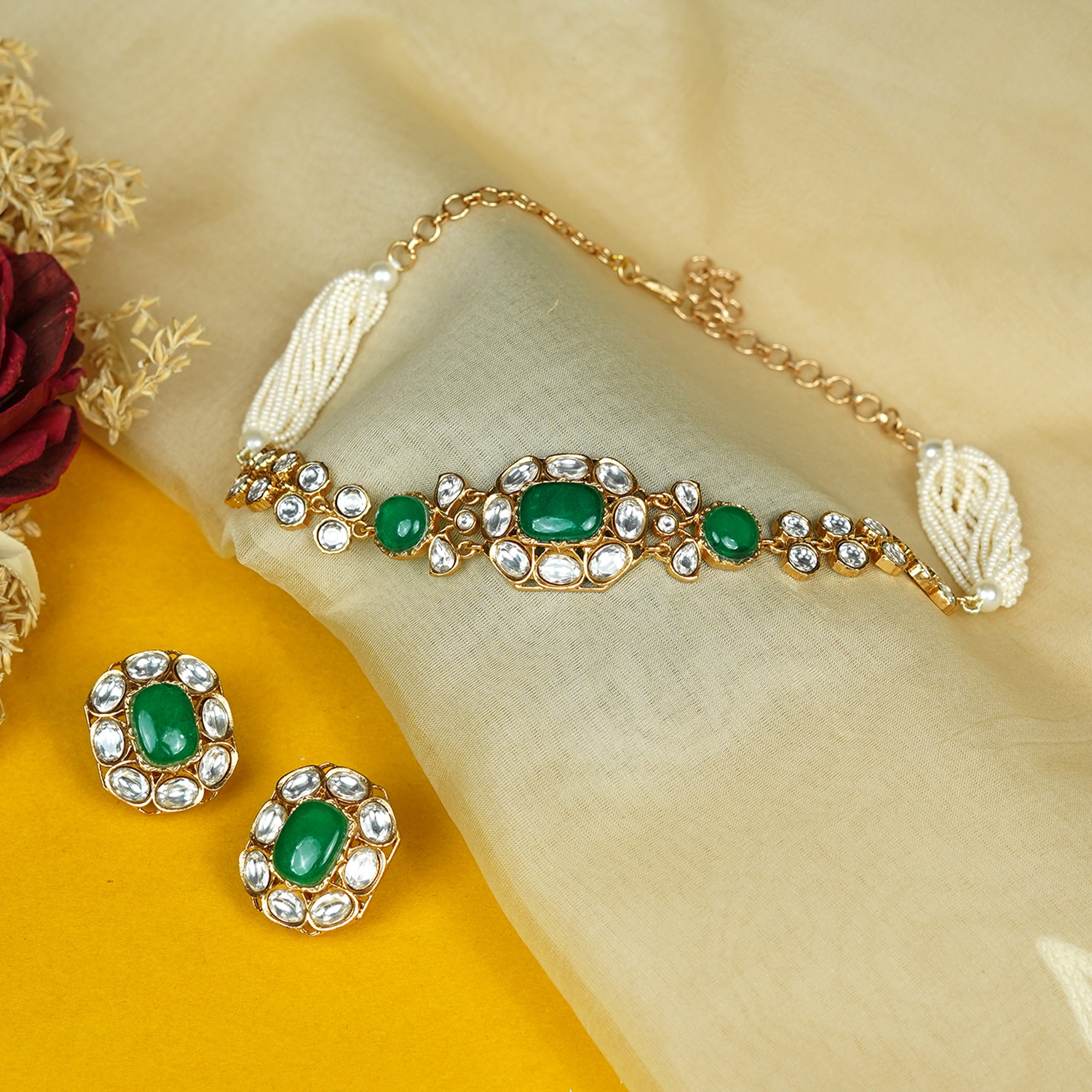 Zevar Club Emerald Green Stone & White Kundan Studded Handcrafted Choker Necklace Set with Pearl Beaded Accents