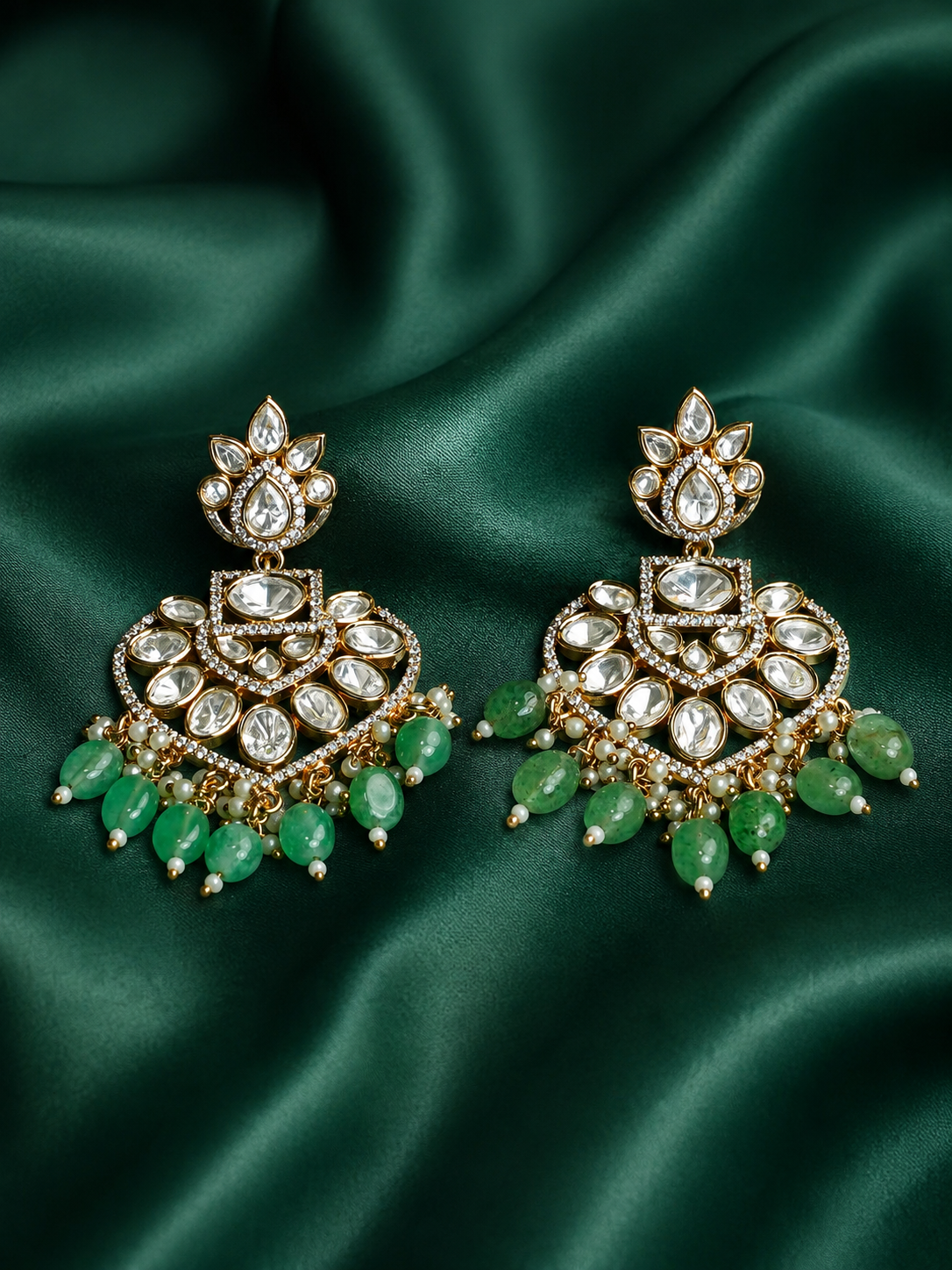 Sage Green Kundan Chandbaali Earrings