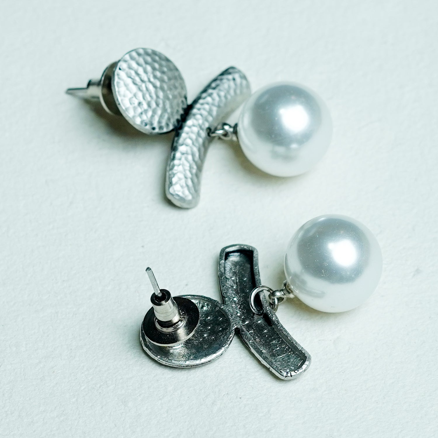 Zevar Club Gold-Toned Antique Statement Drop Earrings with Textured Bar & White Pearl Danglers